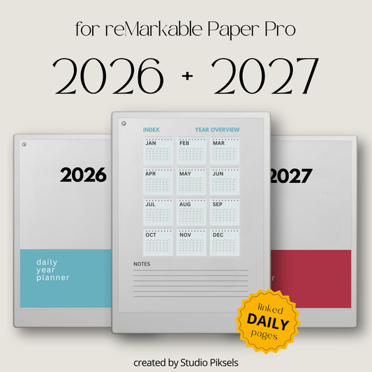 2-Year Hyperlinked Planner Bundle for reMarkable Paper Pro with daily hourly schedules, monthly calendars, and yearly planning pages for 2026 and 2027