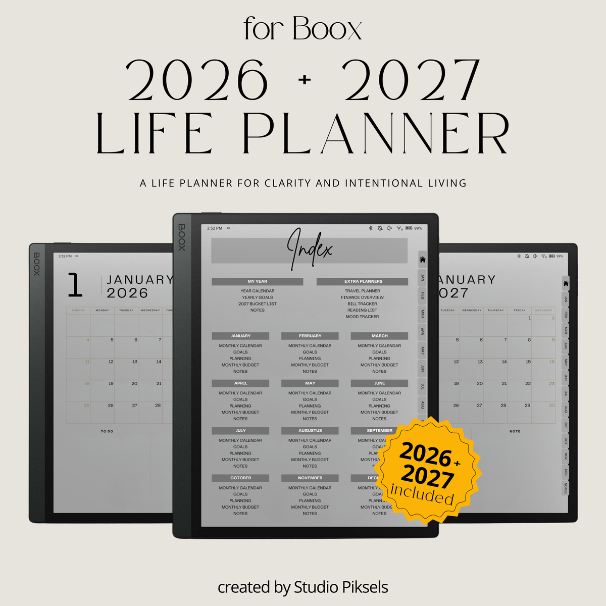 2026 and 2027 digital life planner bundle for BOOX tablets with hyperlinked monthly calendars, goal planning, budget trackers, notes, and life organization pages.