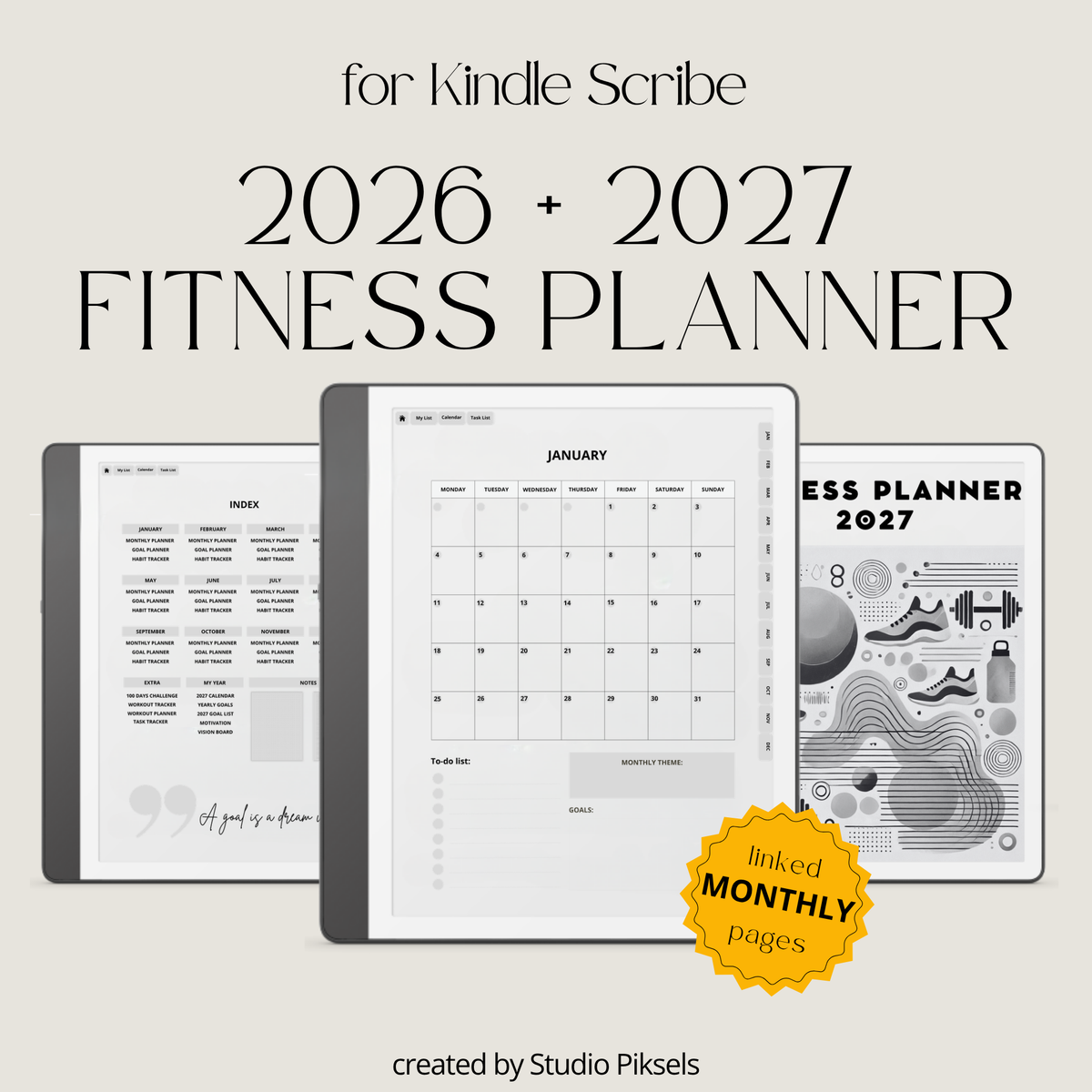 2026 + 2027 Fitness Planner for Kindle Scribe featuring hyperlinked workout tracking, exercise routines, fitness goals, health planning, and progress pages.