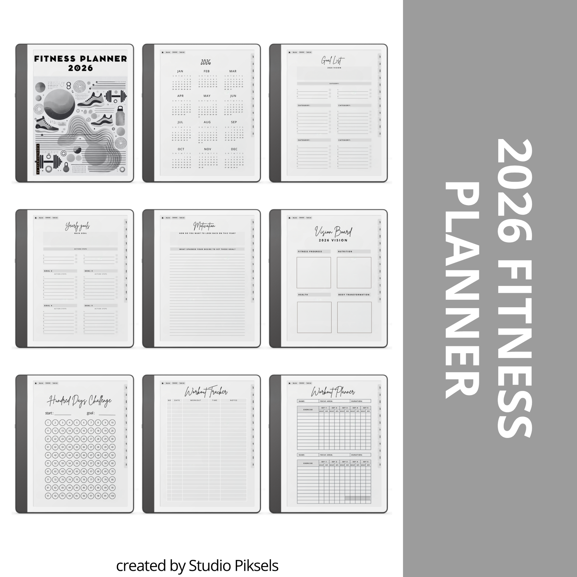 2026 + 2027 Fitness Planner for Kindle Scribe featuring hyperlinked workout tracking, exercise routines, fitness goals, health planning, and progress pages.