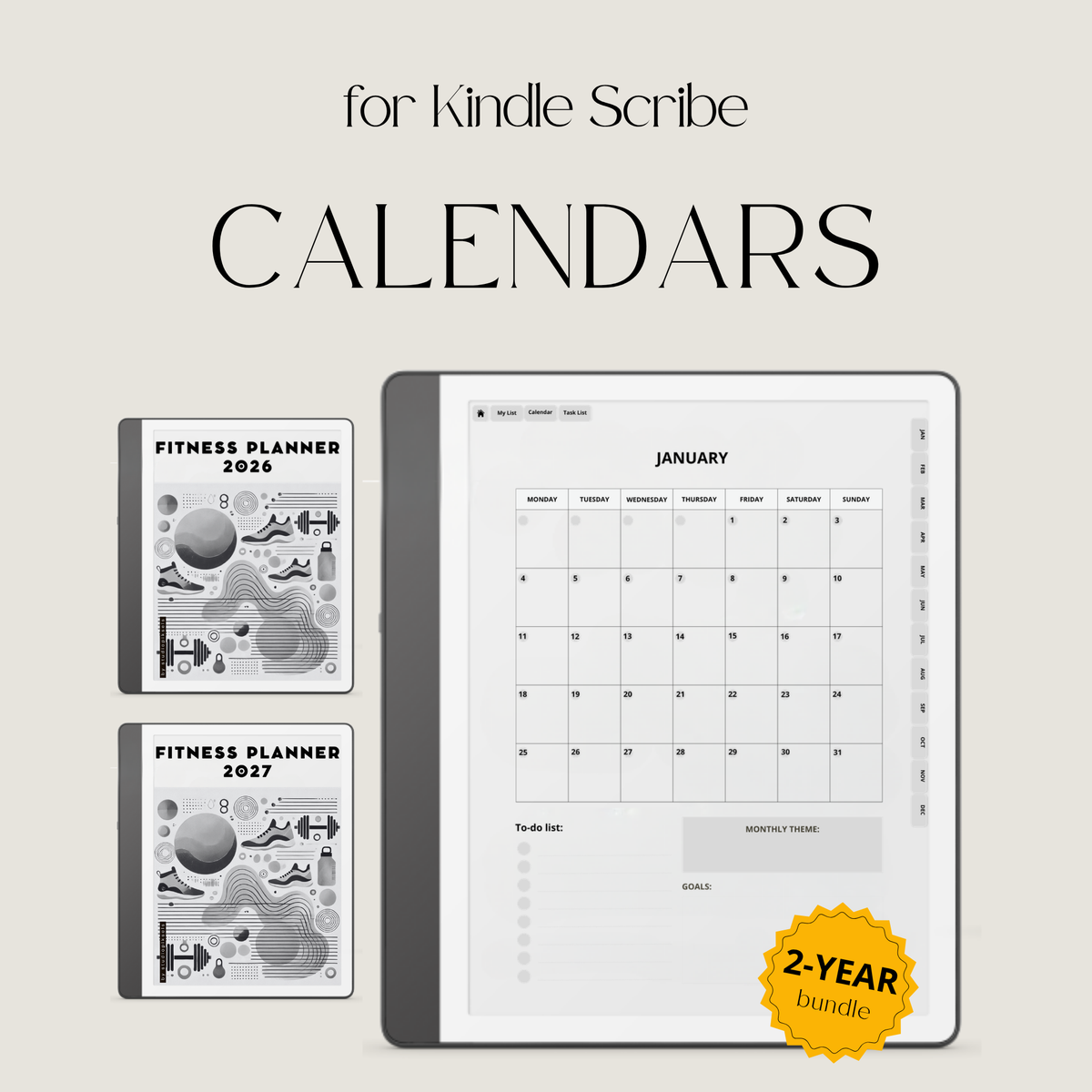 2026 + 2027 Fitness Planner for Kindle Scribe featuring hyperlinked workout tracking, exercise routines, fitness goals, health planning, and progress pages.