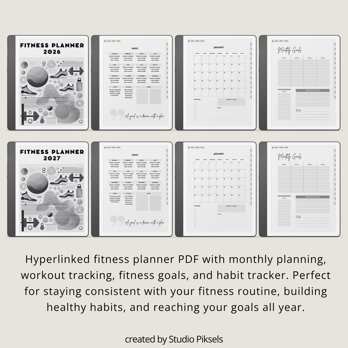 2026 + 2027 Fitness Planner for Kindle Scribe featuring hyperlinked workout tracking, exercise routines, fitness goals, health planning, and progress pages.