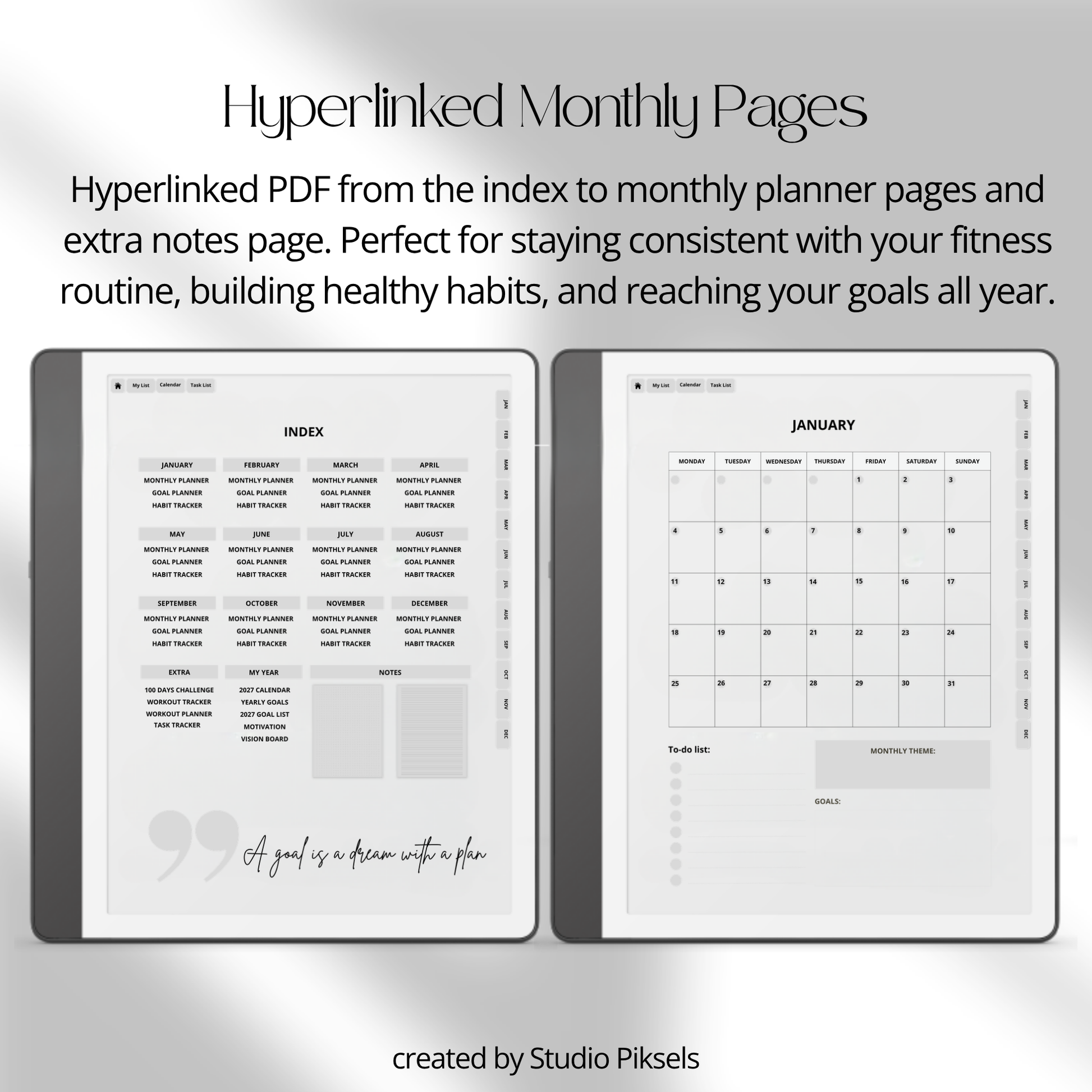 2026 + 2027 Fitness Planner for Kindle Scribe featuring hyperlinked workout tracking, exercise routines, fitness goals, health planning, and progress pages.