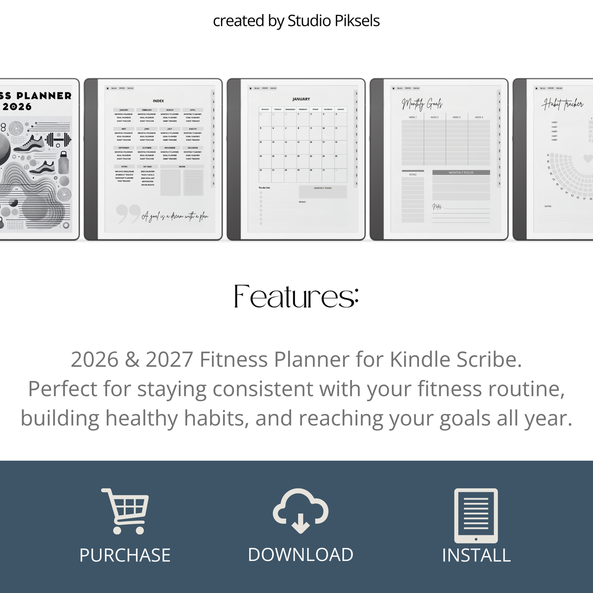 2026 + 2027 Fitness Planner for Kindle Scribe featuring hyperlinked workout tracking, exercise routines, fitness goals, health planning, and progress pages.