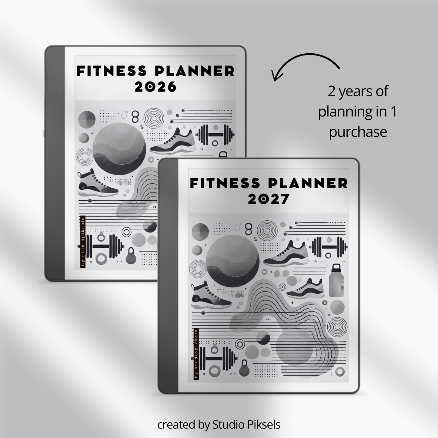 2026 + 2027 Fitness Planner for Kindle Scribe featuring hyperlinked workout tracking, exercise routines, fitness goals, health planning, and progress pages.