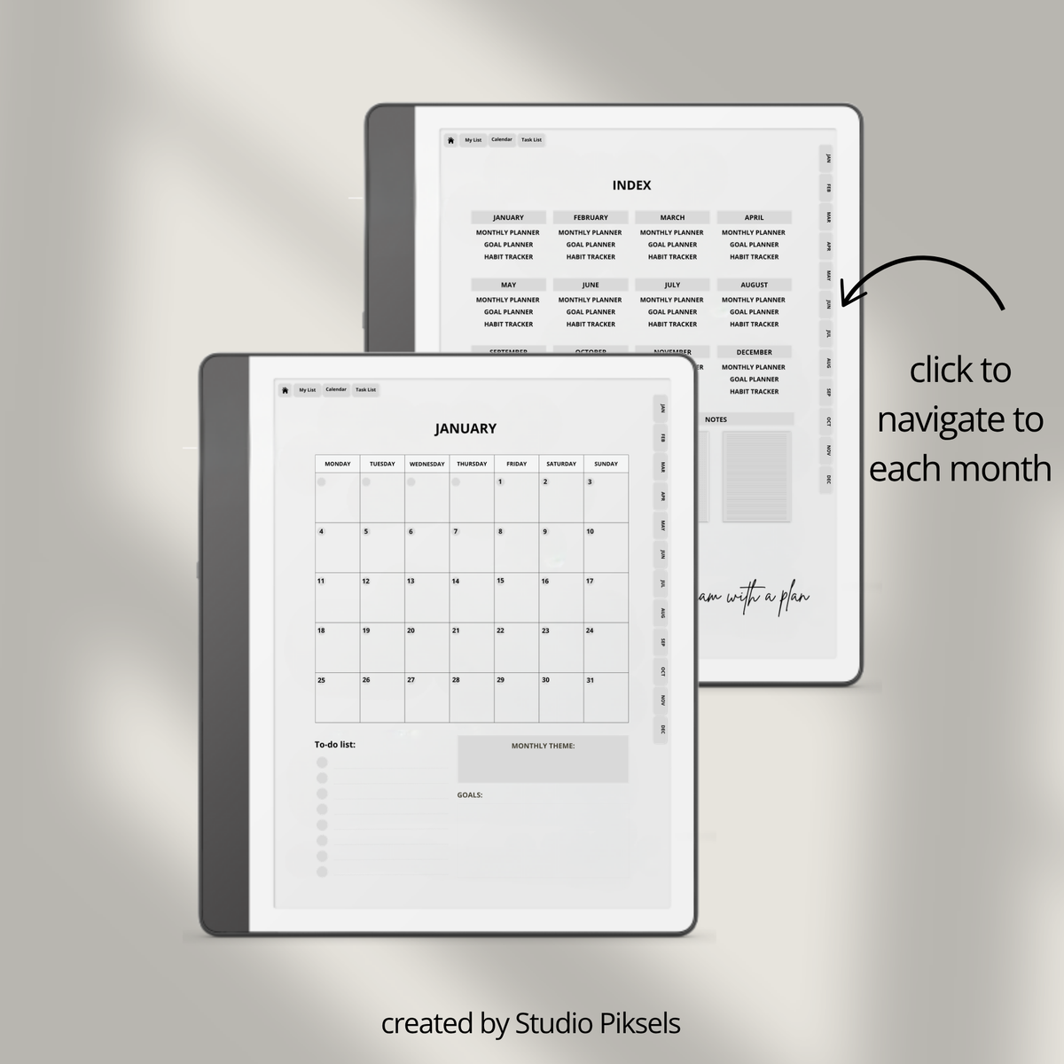 2026 + 2027 Fitness Planner for Kindle Scribe featuring hyperlinked workout tracking, exercise routines, fitness goals, health planning, and progress pages.