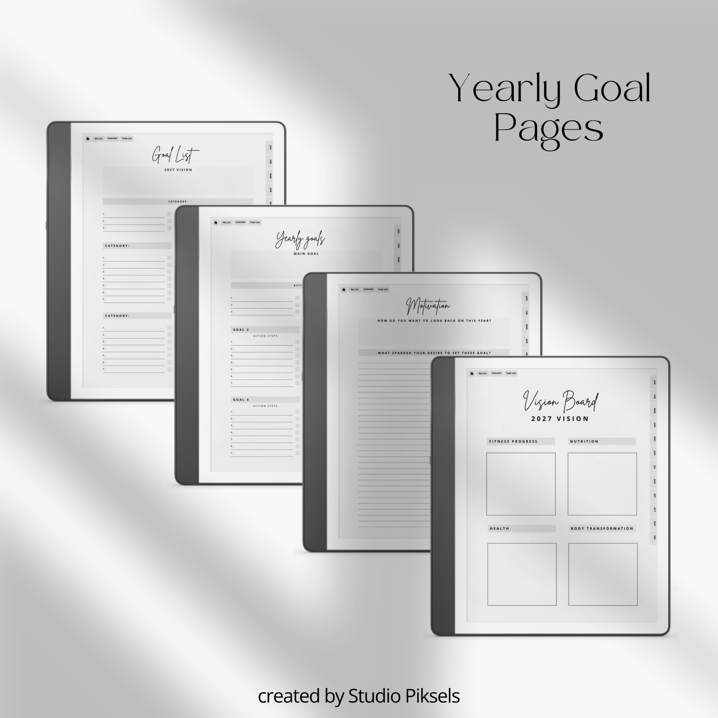 2026 + 2027 Fitness Planner for Kindle Scribe featuring hyperlinked workout tracking, exercise routines, fitness goals, health planning, and progress pages.