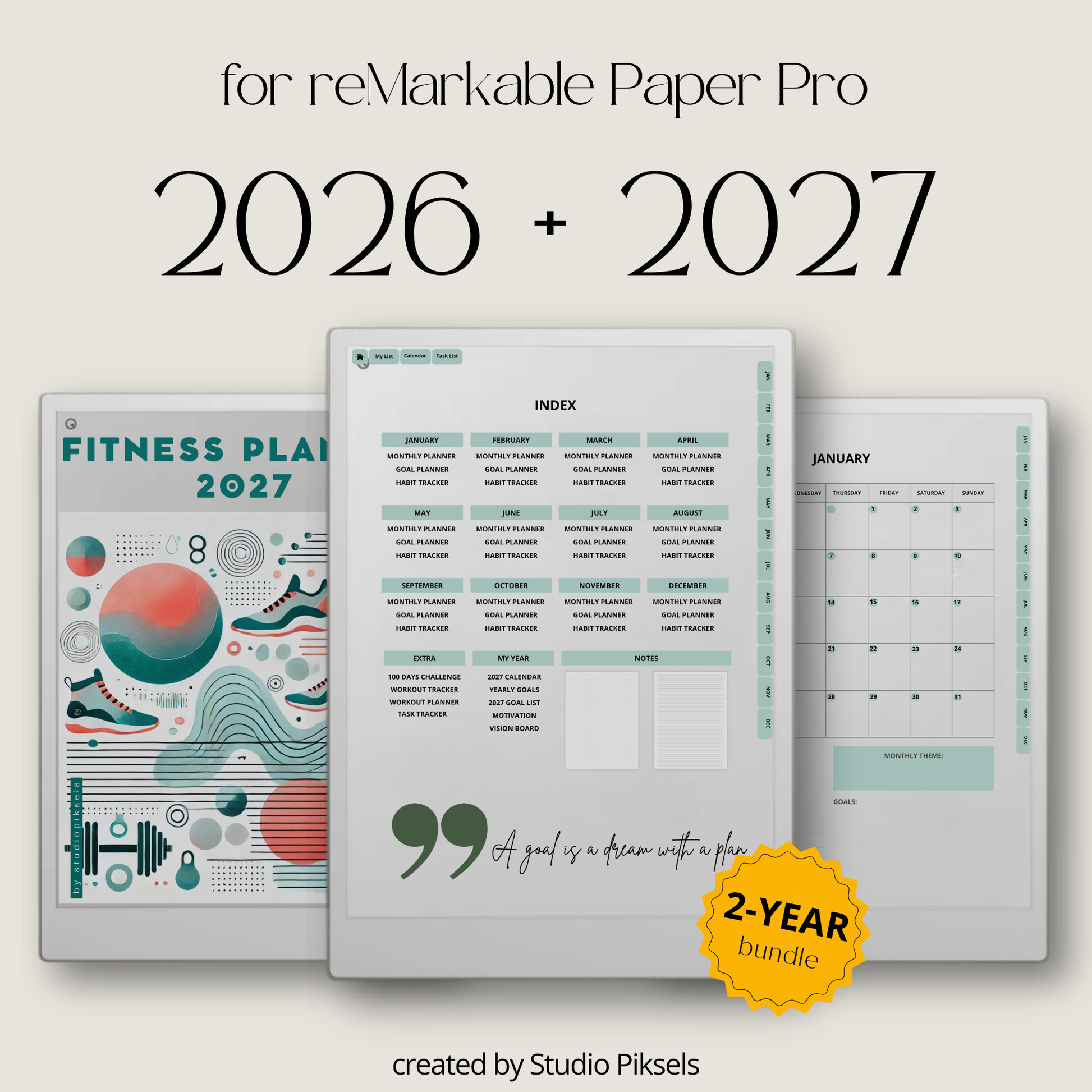 2026 + 2027 Fitness Planner for reMarkable Paper Pro featuring hyperlinked workout tracking, exercise logs, fitness goals, health routines, and progress pages.