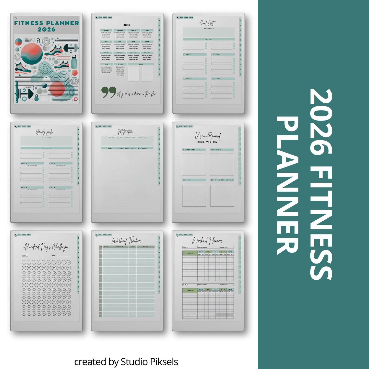 2026 + 2027 Fitness Planner for reMarkable Paper Pro featuring hyperlinked workout tracking, exercise logs, fitness goals, health routines, and progress pages.