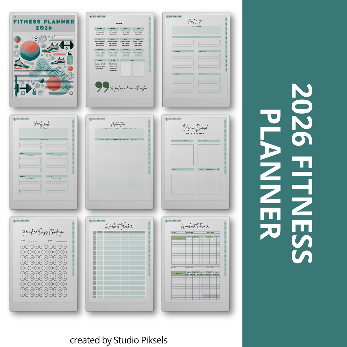 2026 + 2027 Fitness Planner for reMarkable Paper Pro featuring hyperlinked workout tracking, exercise logs, fitness goals, health routines, and progress pages.