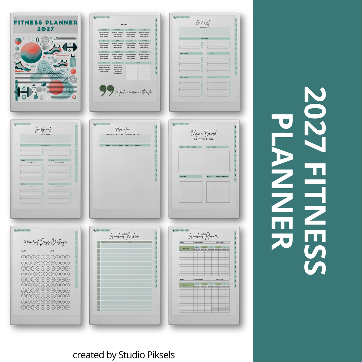 2026 + 2027 Fitness Planner for reMarkable Paper Pro featuring hyperlinked workout tracking, exercise logs, fitness goals, health routines, and progress pages.