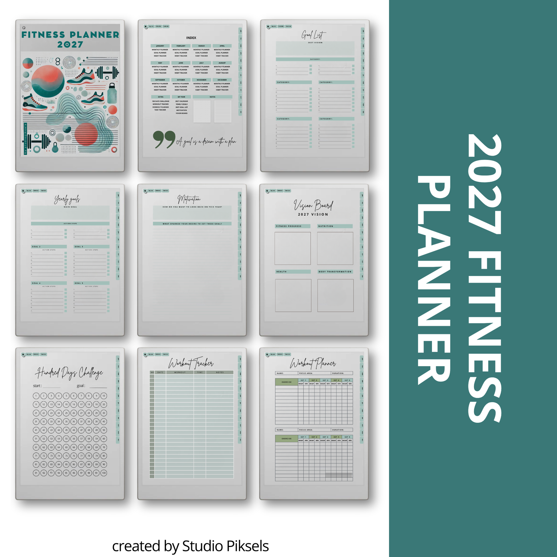2026 + 2027 Fitness Planner for reMarkable Paper Pro featuring hyperlinked workout tracking, exercise logs, fitness goals, health routines, and progress pages.