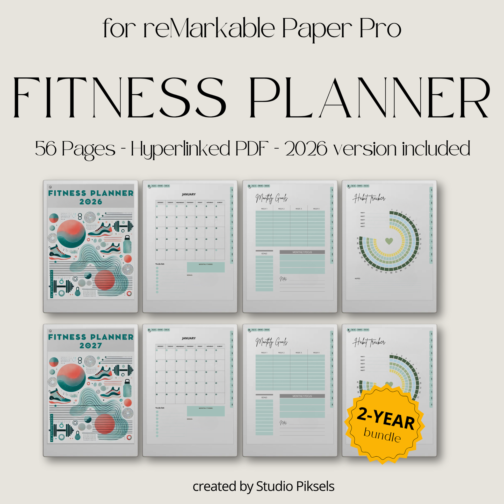 2026 + 2027 Fitness Planner for reMarkable Paper Pro featuring hyperlinked workout tracking, exercise logs, fitness goals, health routines, and progress pages.