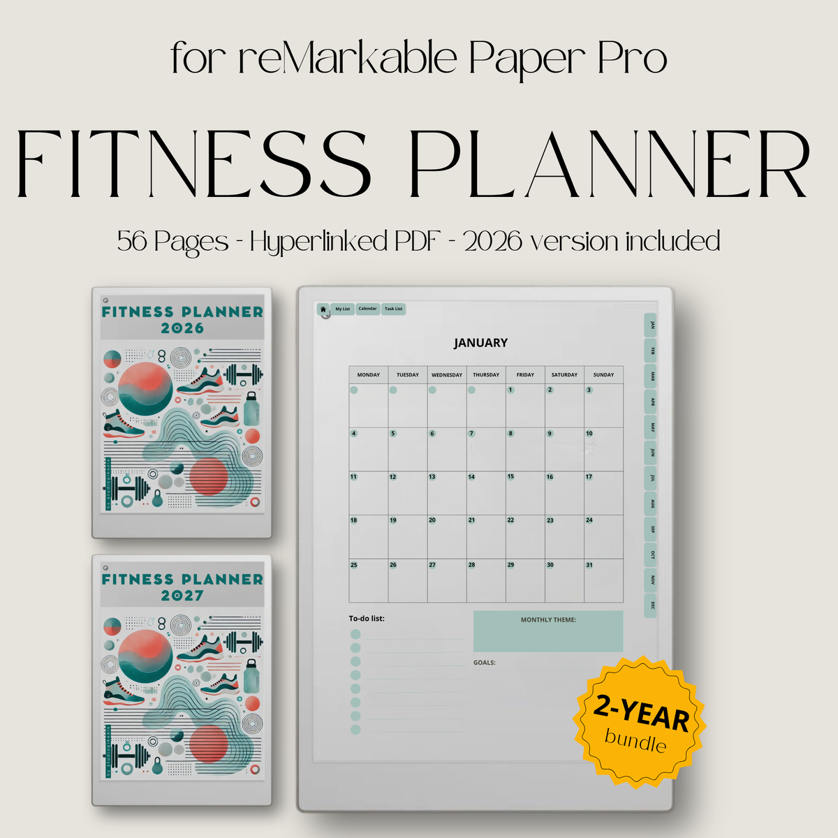 2026 + 2027 Fitness Planner for reMarkable Paper Pro featuring hyperlinked workout tracking, exercise logs, fitness goals, health routines, and progress pages.