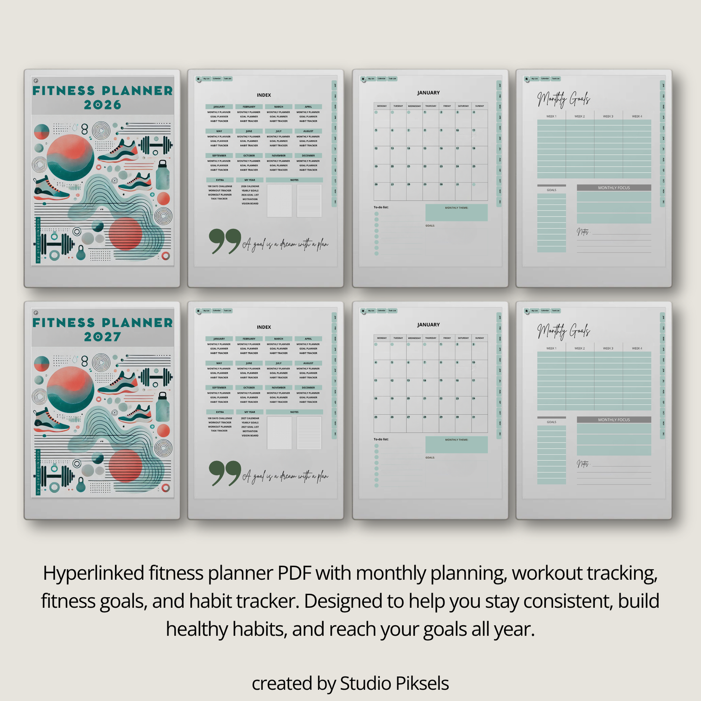 2026 + 2027 Fitness Planner for reMarkable Paper Pro featuring hyperlinked workout tracking, exercise logs, fitness goals, health routines, and progress pages.