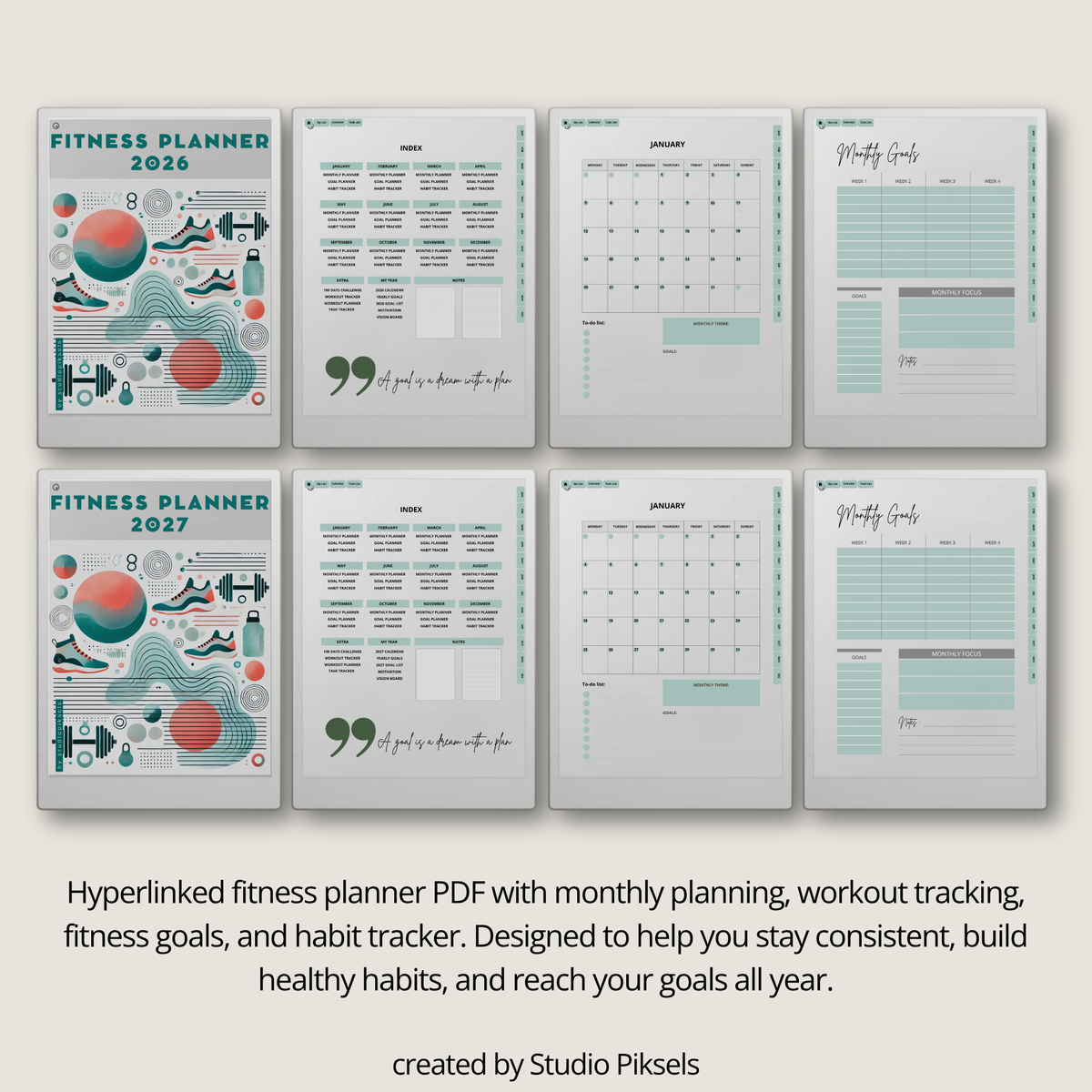 2026 + 2027 Fitness Planner for reMarkable Paper Pro featuring hyperlinked workout tracking, exercise logs, fitness goals, health routines, and progress pages.