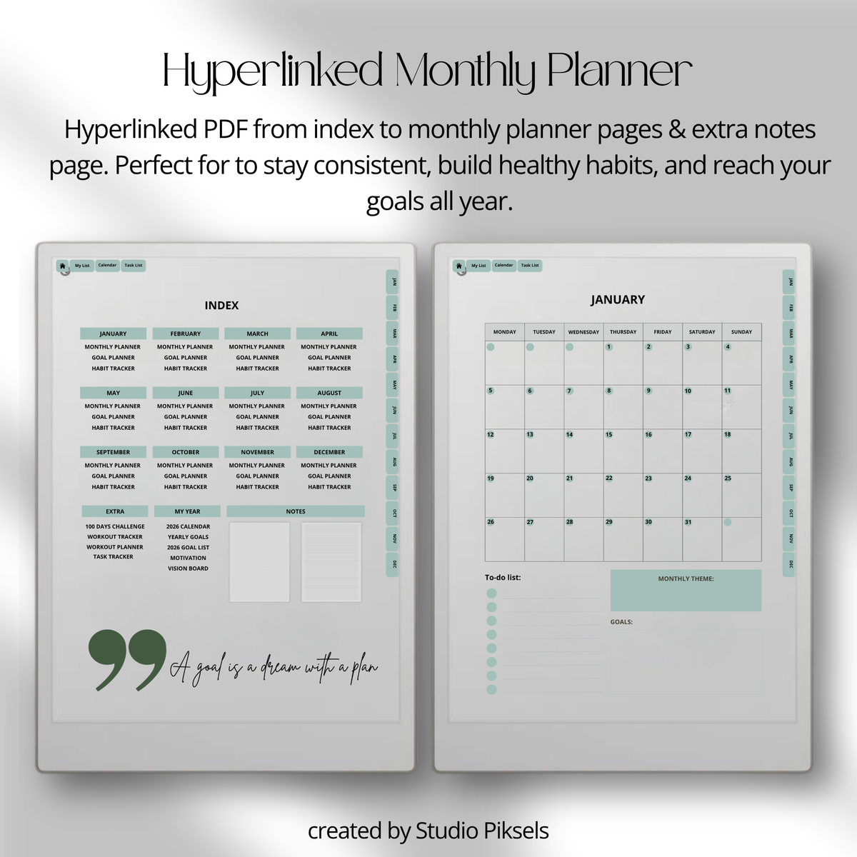 2026 + 2027 Fitness Planner for reMarkable Paper Pro featuring hyperlinked workout tracking, exercise logs, fitness goals, health routines, and progress pages.