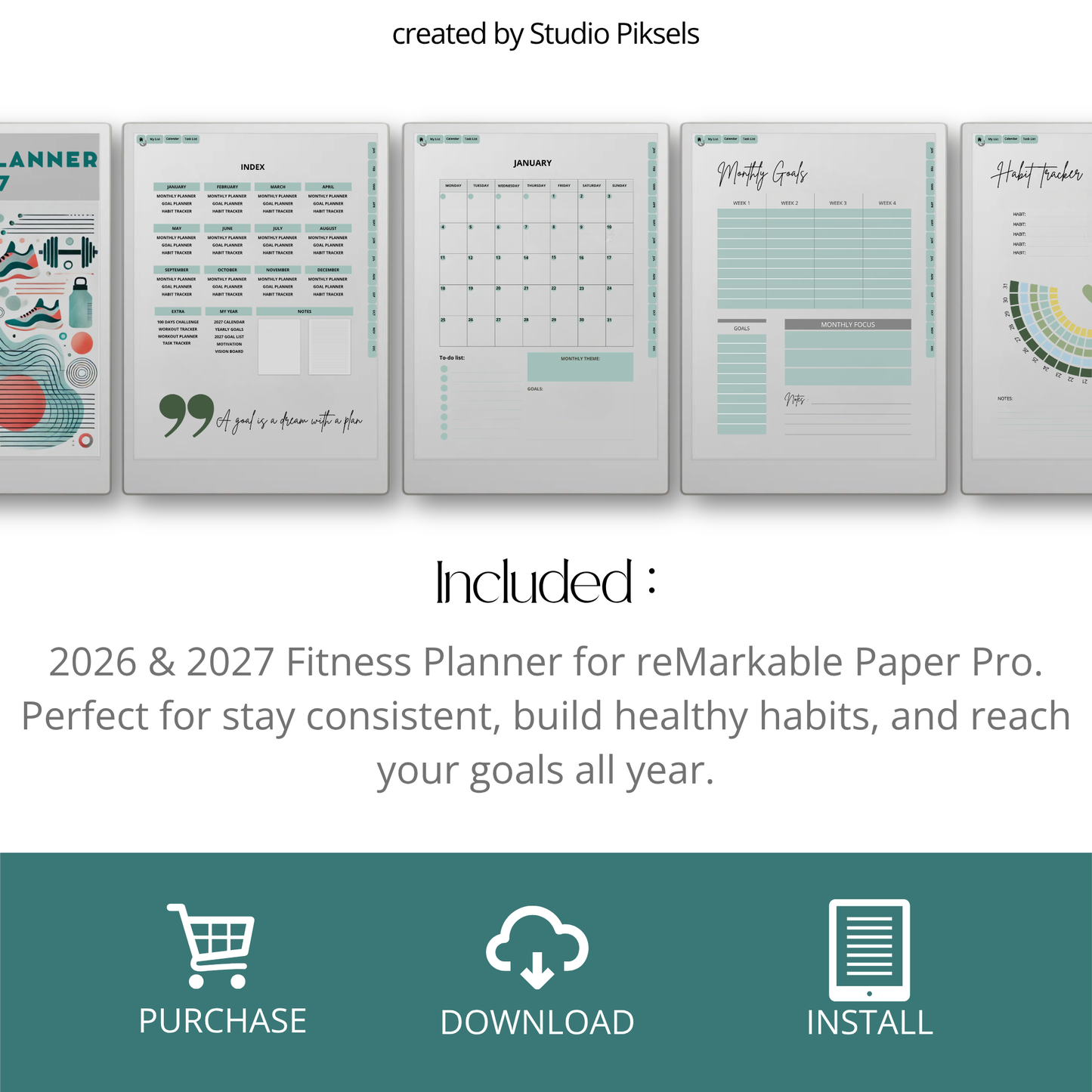 2026 + 2027 Fitness Planner for reMarkable Paper Pro featuring hyperlinked workout tracking, exercise logs, fitness goals, health routines, and progress pages.