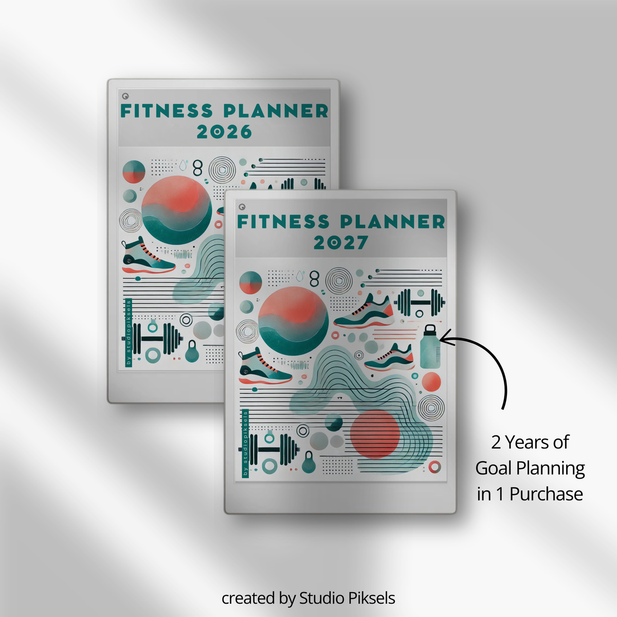 2026 + 2027 Fitness Planner for reMarkable Paper Pro featuring hyperlinked workout tracking, exercise logs, fitness goals, health routines, and progress pages.