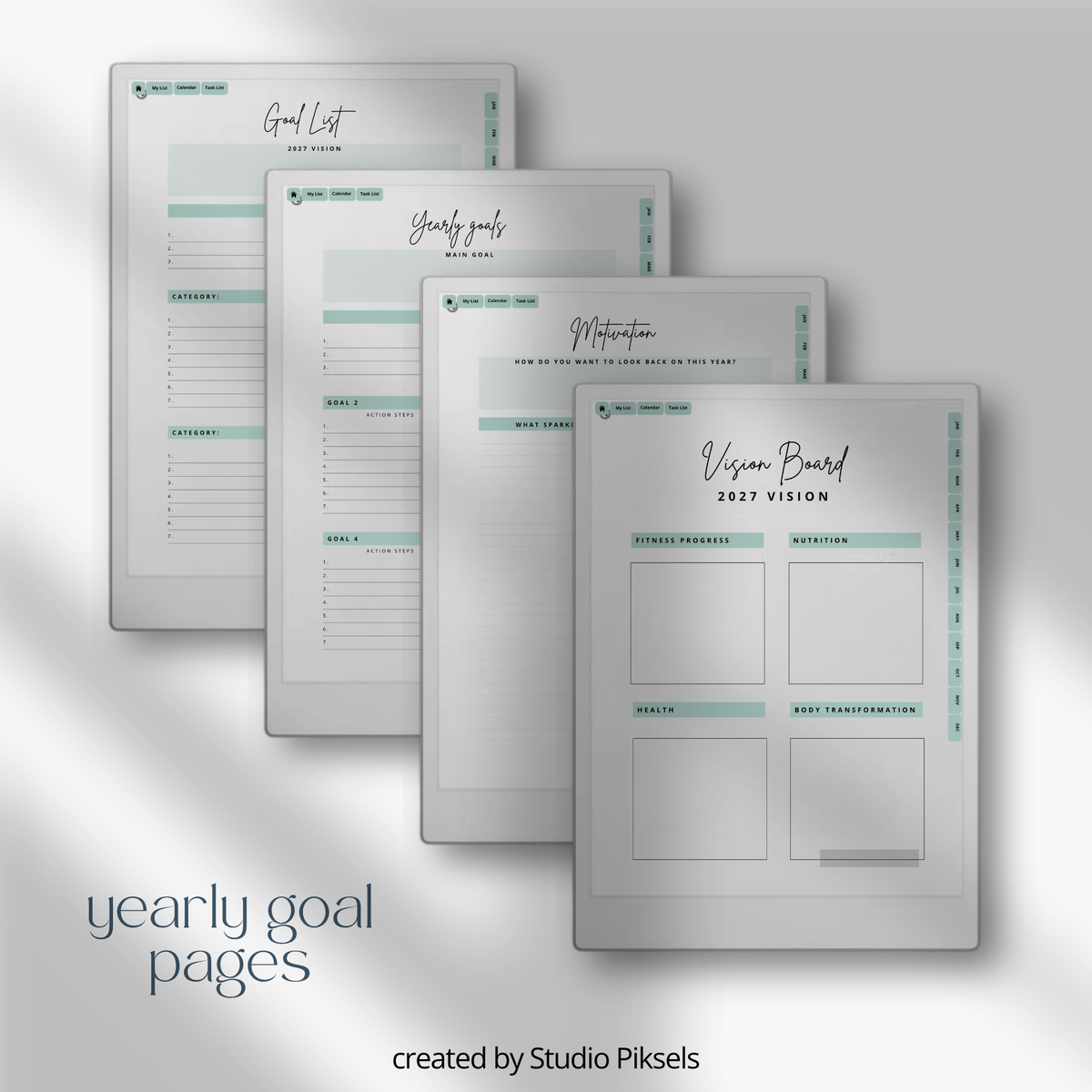2026 + 2027 Fitness Planner for reMarkable Paper Pro featuring hyperlinked workout tracking, exercise logs, fitness goals, health routines, and progress pages.