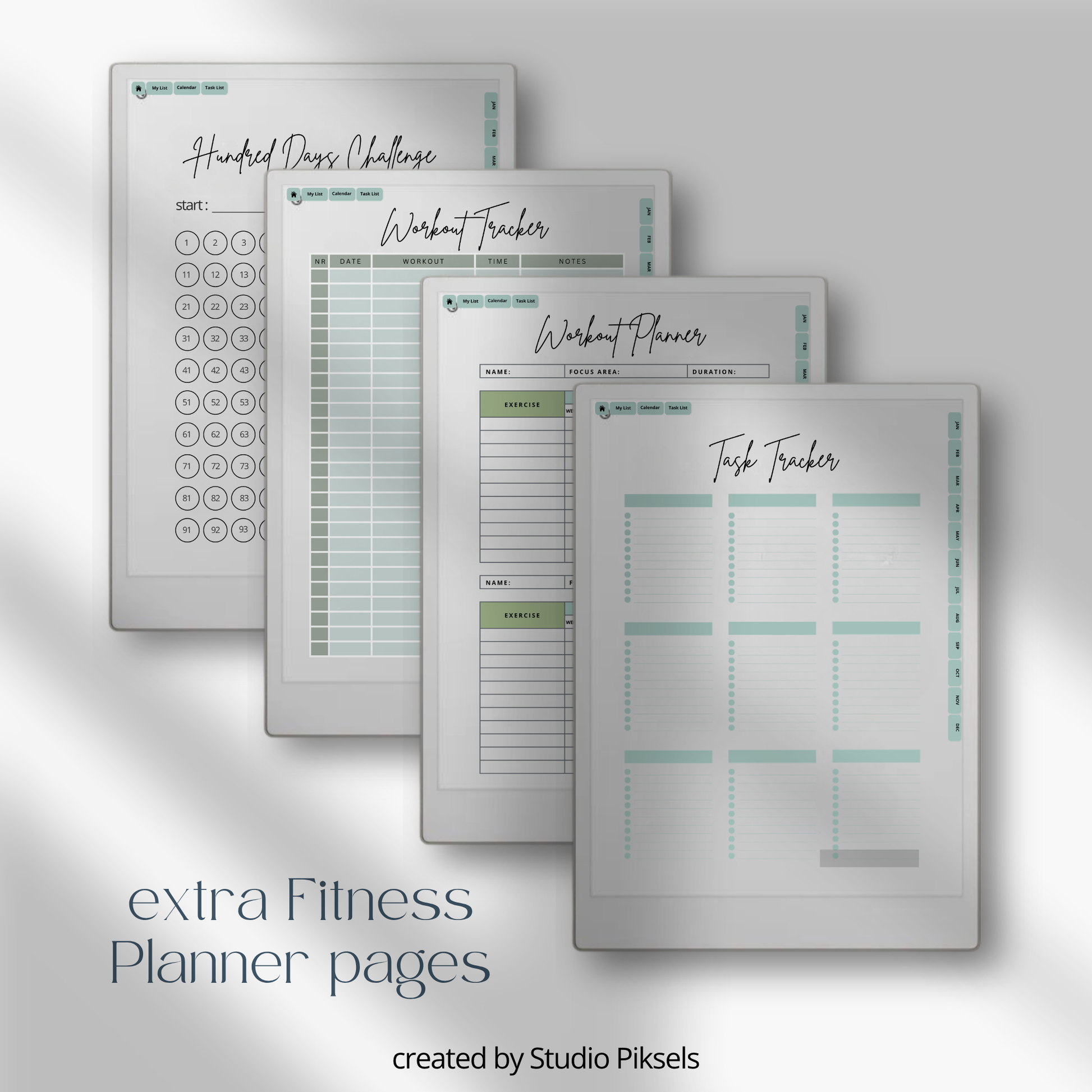 2026 + 2027 Fitness Planner for reMarkable Paper Pro featuring hyperlinked workout tracking, exercise logs, fitness goals, health routines, and progress pages.