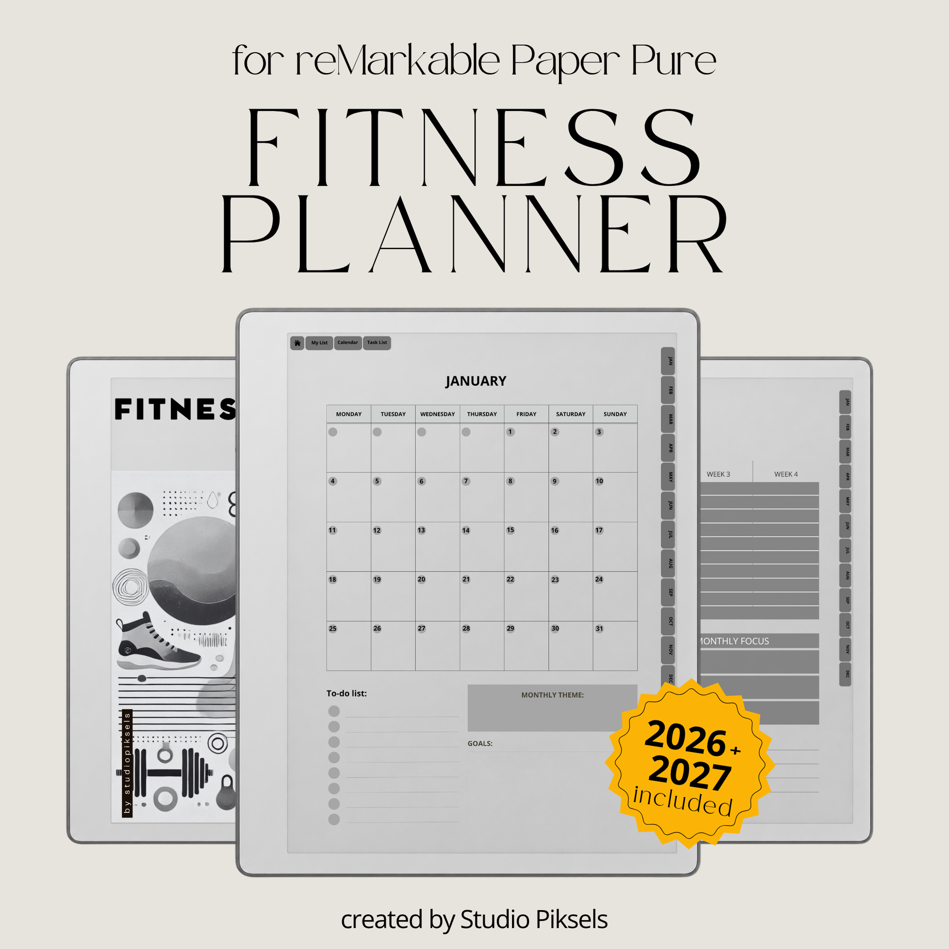 2026 + 2027 Fitness Planner for reMarkable Paper Pure & reMarkable 2 featuring hyperlinked workout tracking, fitness goals, exercise routines, and progress pages.