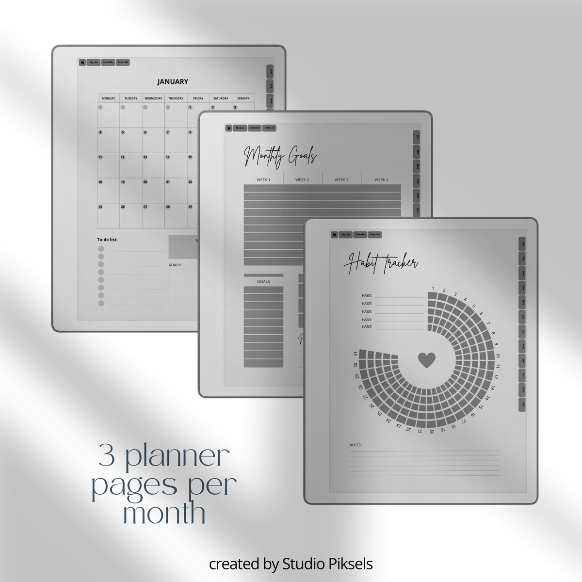 2026 + 2027 Fitness Planner for reMarkable Paper Pure & reMarkable 2 featuring hyperlinked workout tracking, fitness goals, exercise routines, and progress pages.