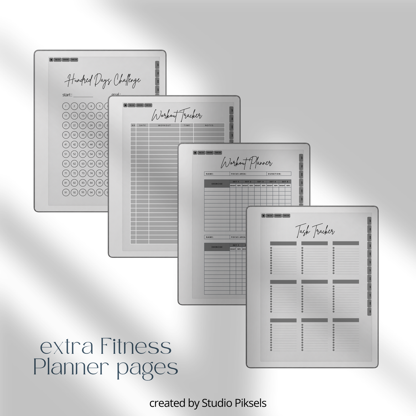 2026 + 2027 Fitness Planner for reMarkable Paper Pure & reMarkable 2 featuring hyperlinked workout tracking, fitness goals, exercise routines, and progress pages.