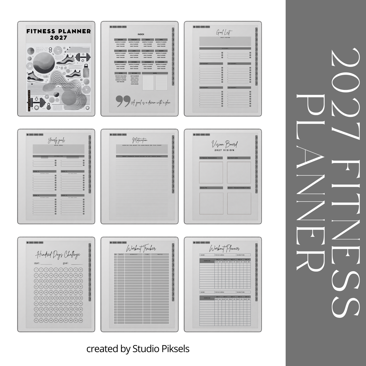 2026 + 2027 Fitness Planner for reMarkable Paper Pure & reMarkable 2 featuring hyperlinked workout tracking, fitness goals, exercise routines, and progress pages.