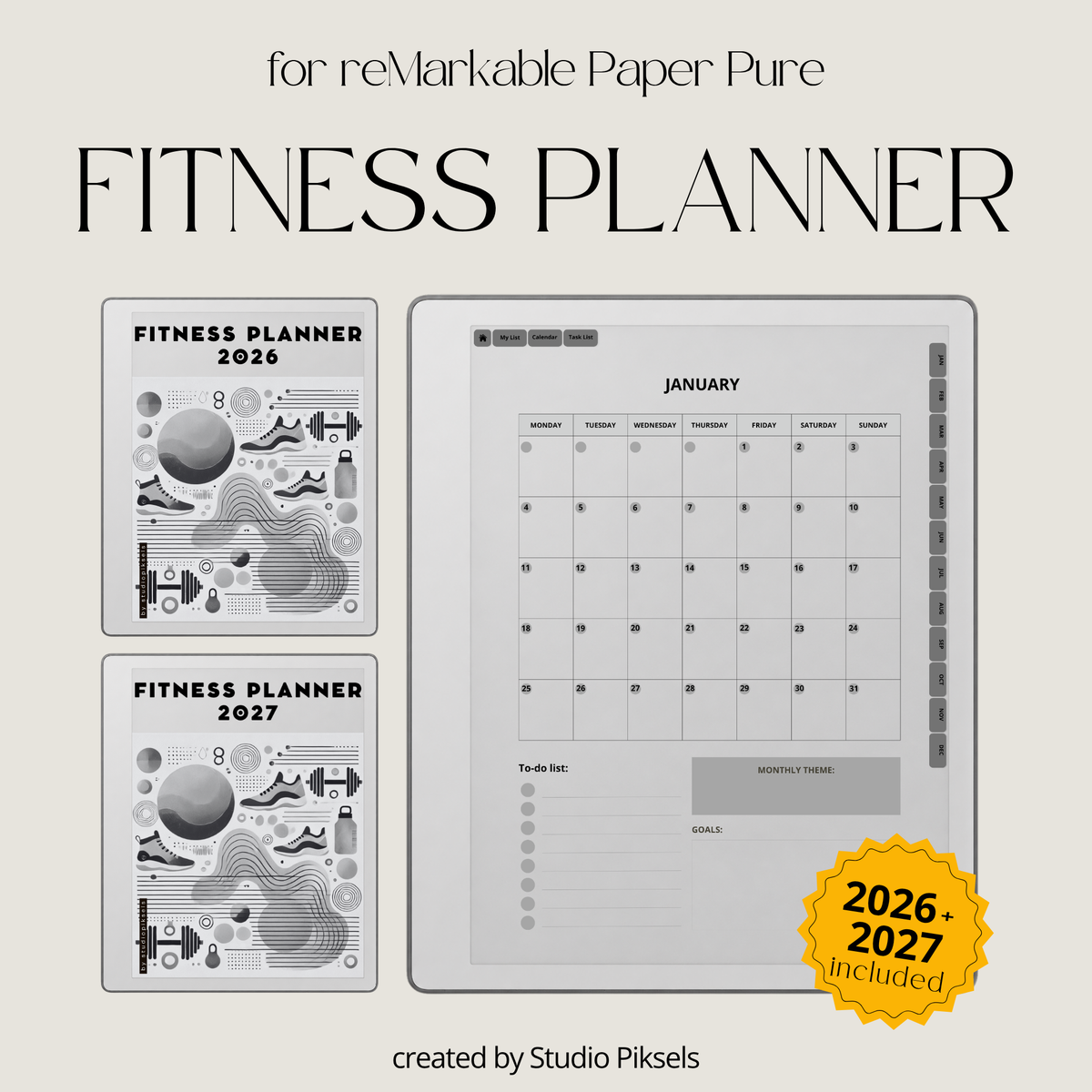 2026 + 2027 Fitness Planner for reMarkable Paper Pure & reMarkable 2 featuring hyperlinked workout tracking, fitness goals, exercise routines, and progress pages.