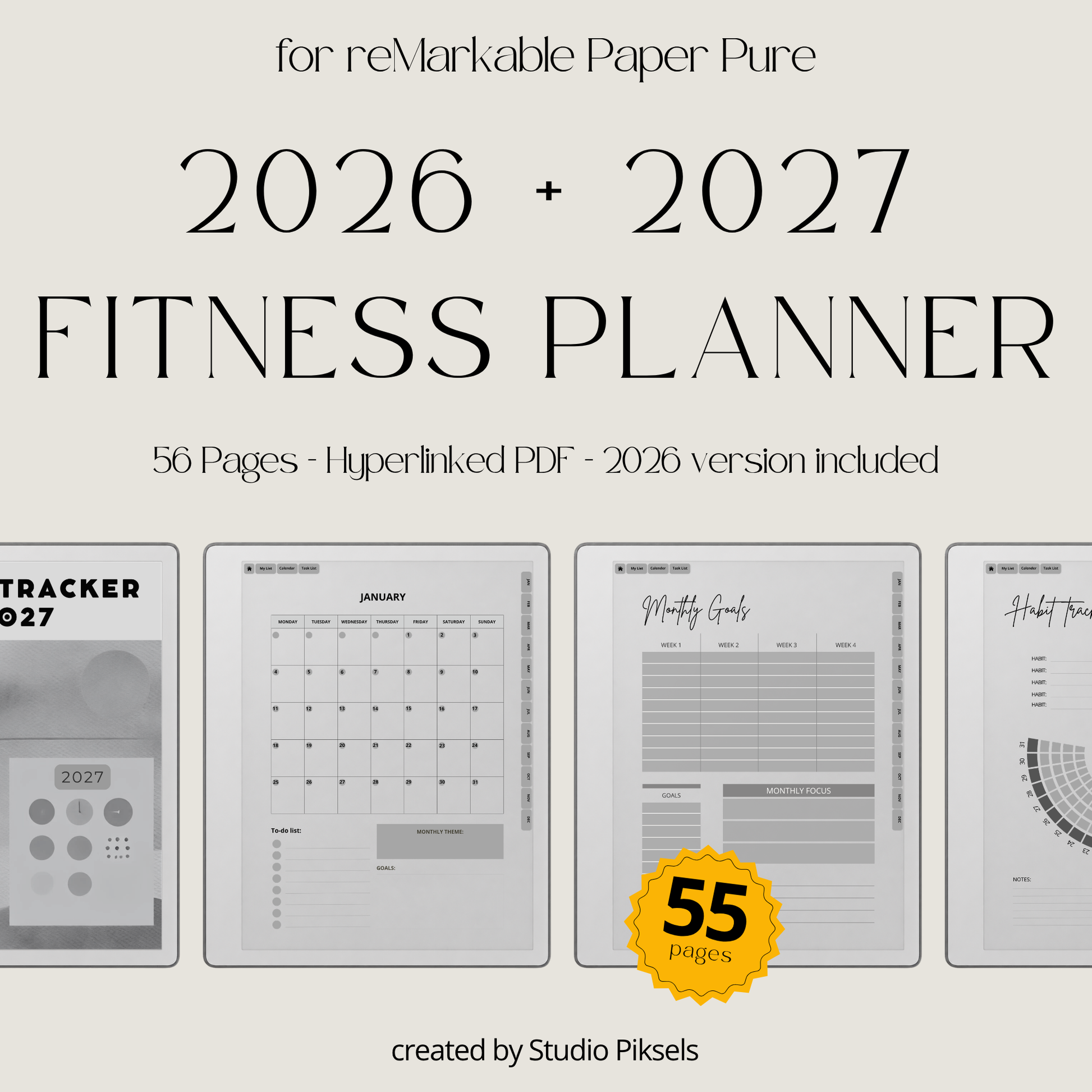 2026 + 2027 Fitness Planner for reMarkable Paper Pure & reMarkable 2 featuring hyperlinked workout tracking, fitness goals, exercise routines, and progress pages.