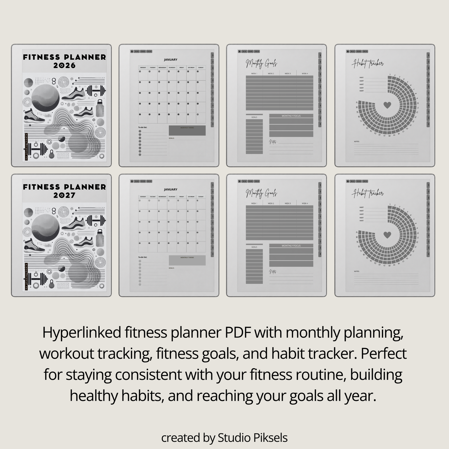 2026 + 2027 Fitness Planner for reMarkable Paper Pure & reMarkable 2 featuring hyperlinked workout tracking, fitness goals, exercise routines, and progress pages.