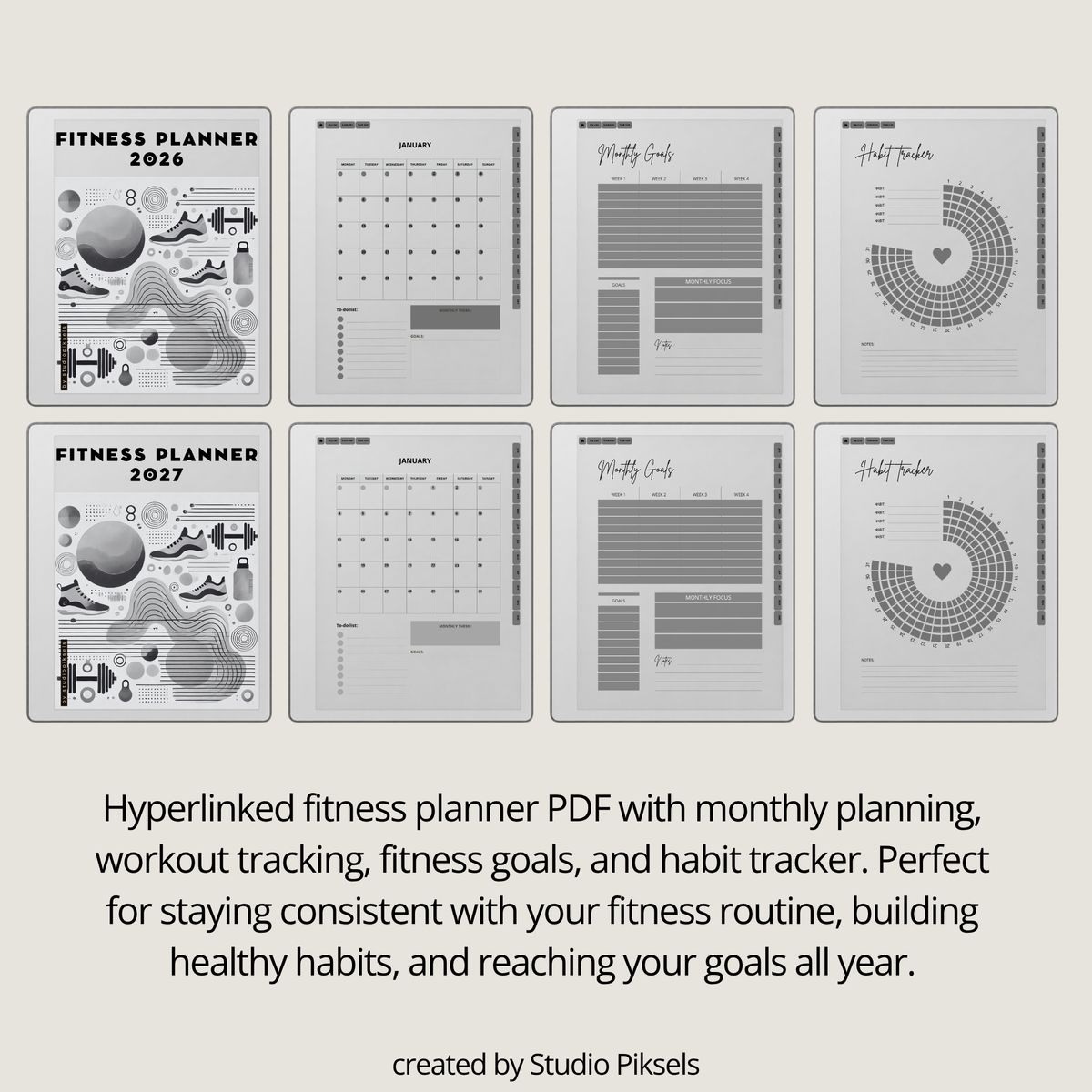 2026 + 2027 Fitness Planner for reMarkable Paper Pure & reMarkable 2 featuring hyperlinked workout tracking, fitness goals, exercise routines, and progress pages.