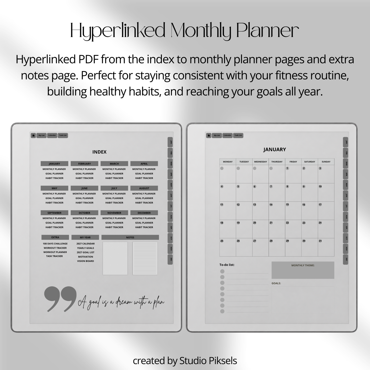 2026 + 2027 Fitness Planner for reMarkable Paper Pure & reMarkable 2 featuring hyperlinked workout tracking, fitness goals, exercise routines, and progress pages.