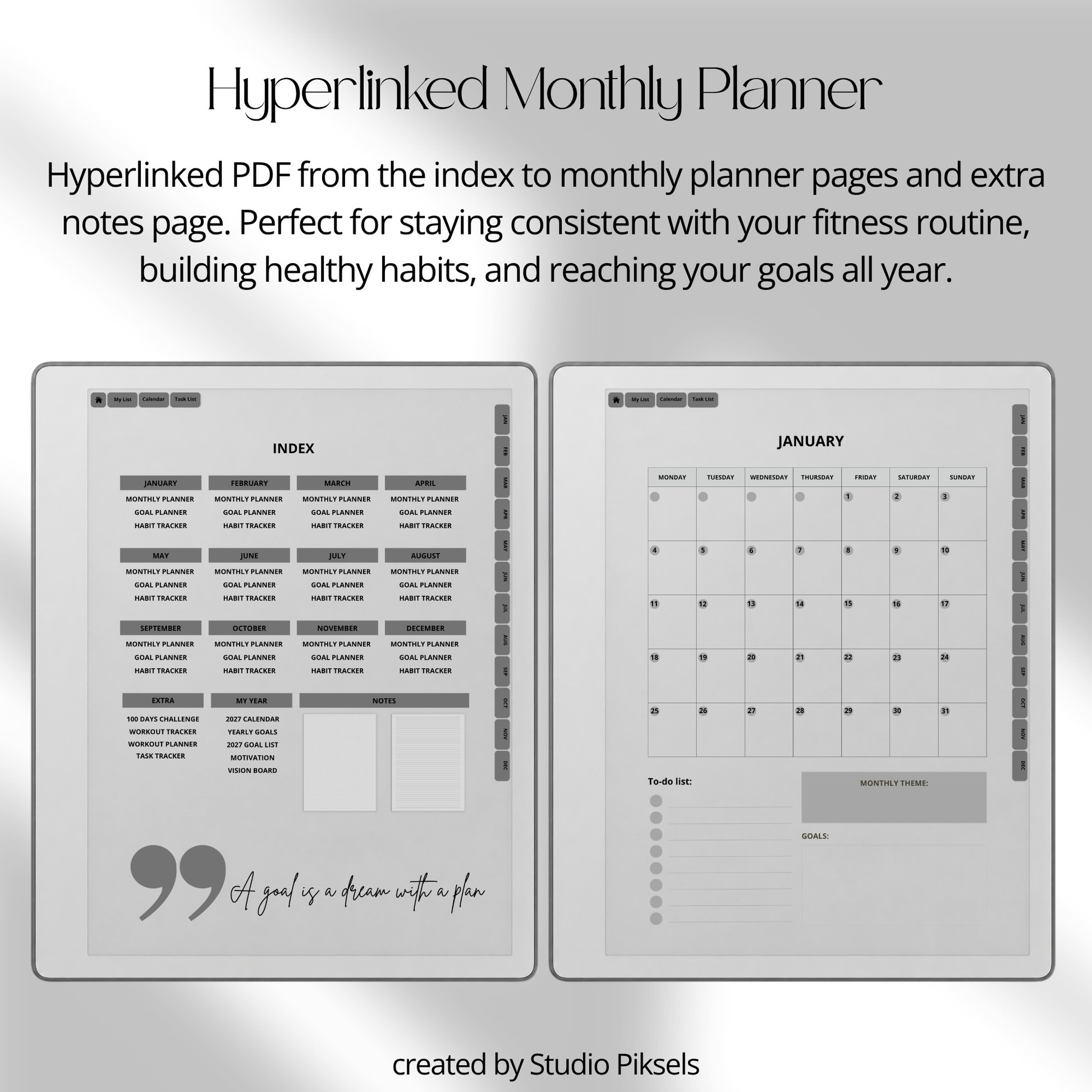 2026 + 2027 Fitness Planner for reMarkable Paper Pure & reMarkable 2 featuring hyperlinked workout tracking, fitness goals, exercise routines, and progress pages.