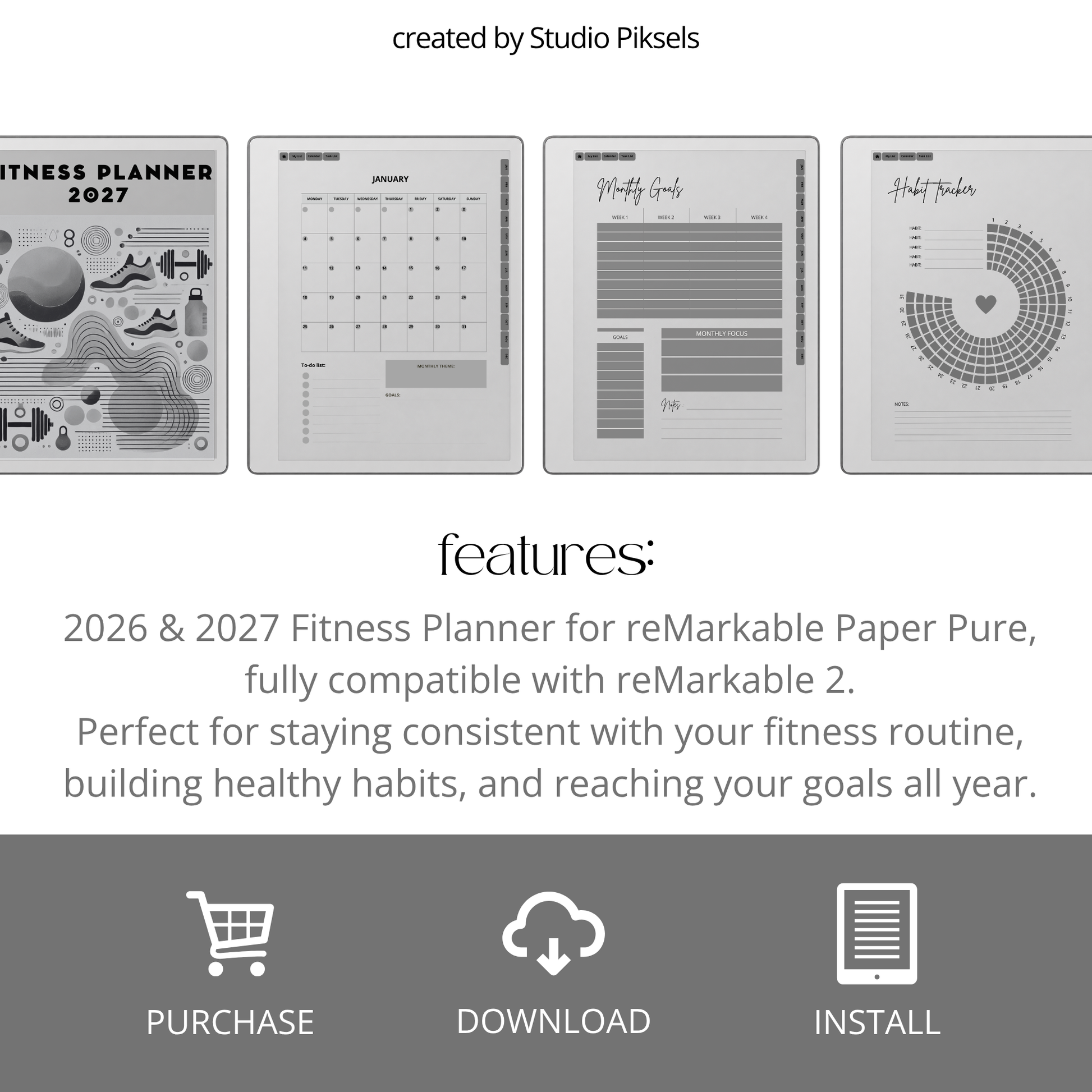 2026 + 2027 Fitness Planner for reMarkable Paper Pure & reMarkable 2 featuring hyperlinked workout tracking, fitness goals, exercise routines, and progress pages.
