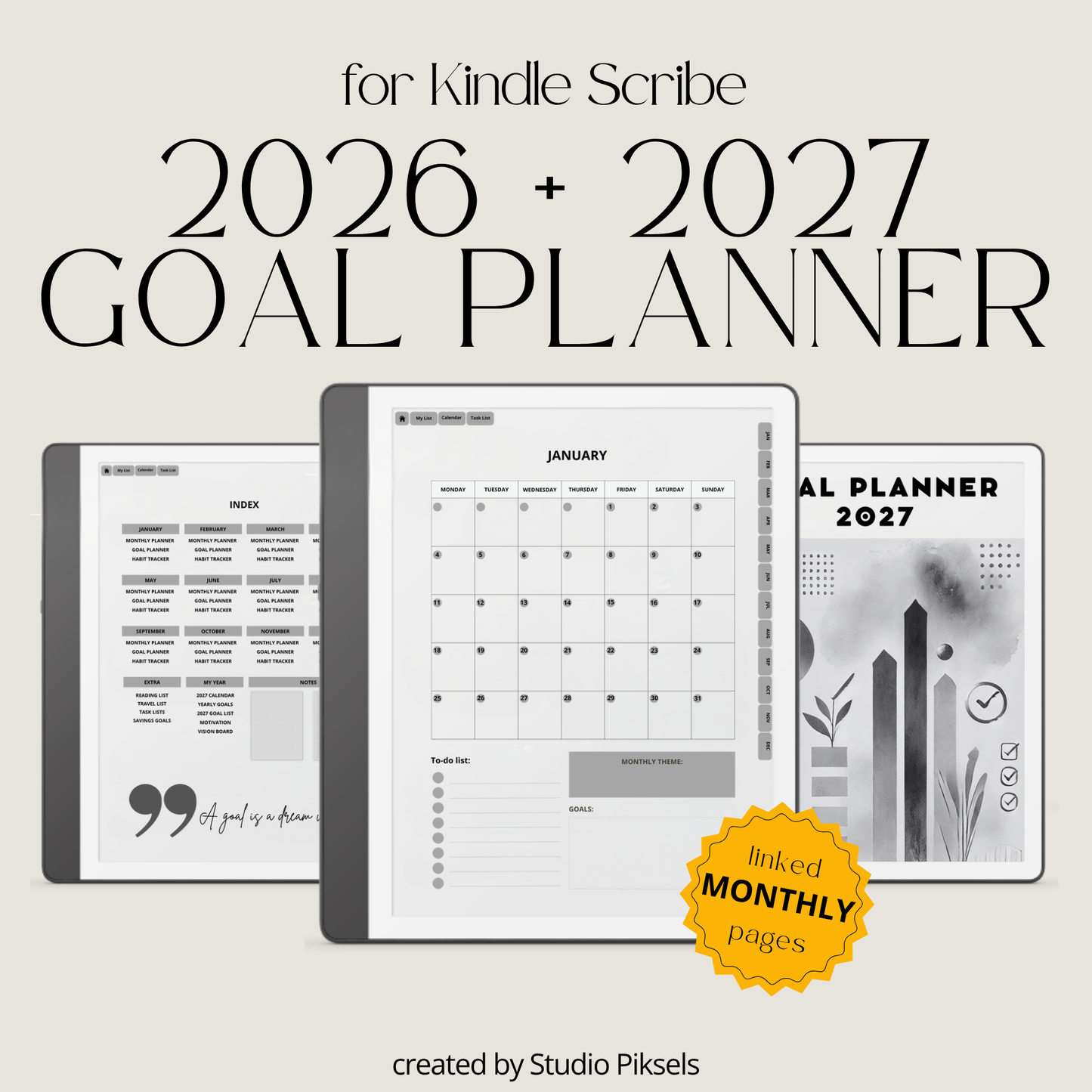 2026 + 2027 Goal Planner for Kindle Scribe with yearly goals, monthly planning, habit trackers, and hyperlinked pages in a minimalist black-and-white design.