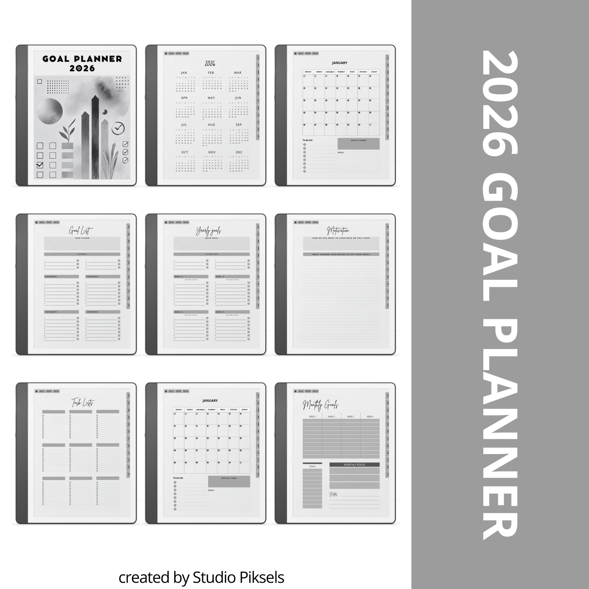 2026 + 2027 Goal Planner for Kindle Scribe with yearly goals, monthly planning, habit trackers, and hyperlinked pages in a minimalist black-and-white design.