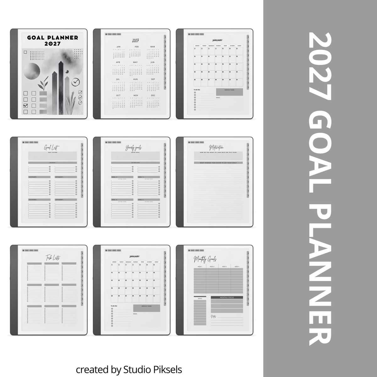 2026 + 2027 Goal Planner for Kindle Scribe with yearly goals, monthly planning, habit trackers, and hyperlinked pages in a minimalist black-and-white design.