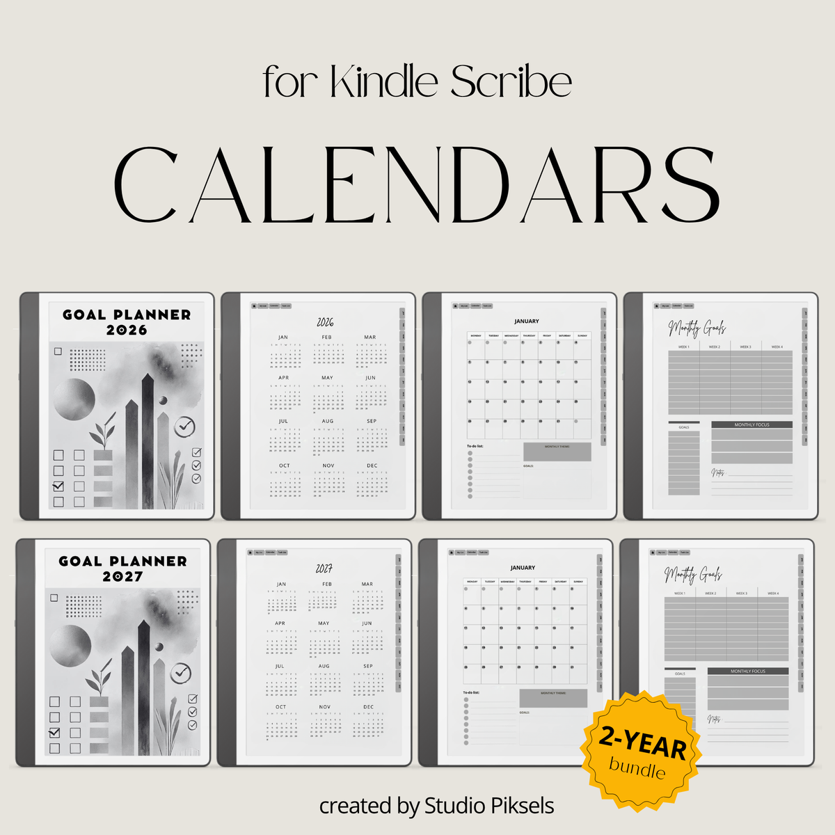 2026 + 2027 Goal Planner for Kindle Scribe with yearly goals, monthly planning, habit trackers, and hyperlinked pages in a minimalist black-and-white design.