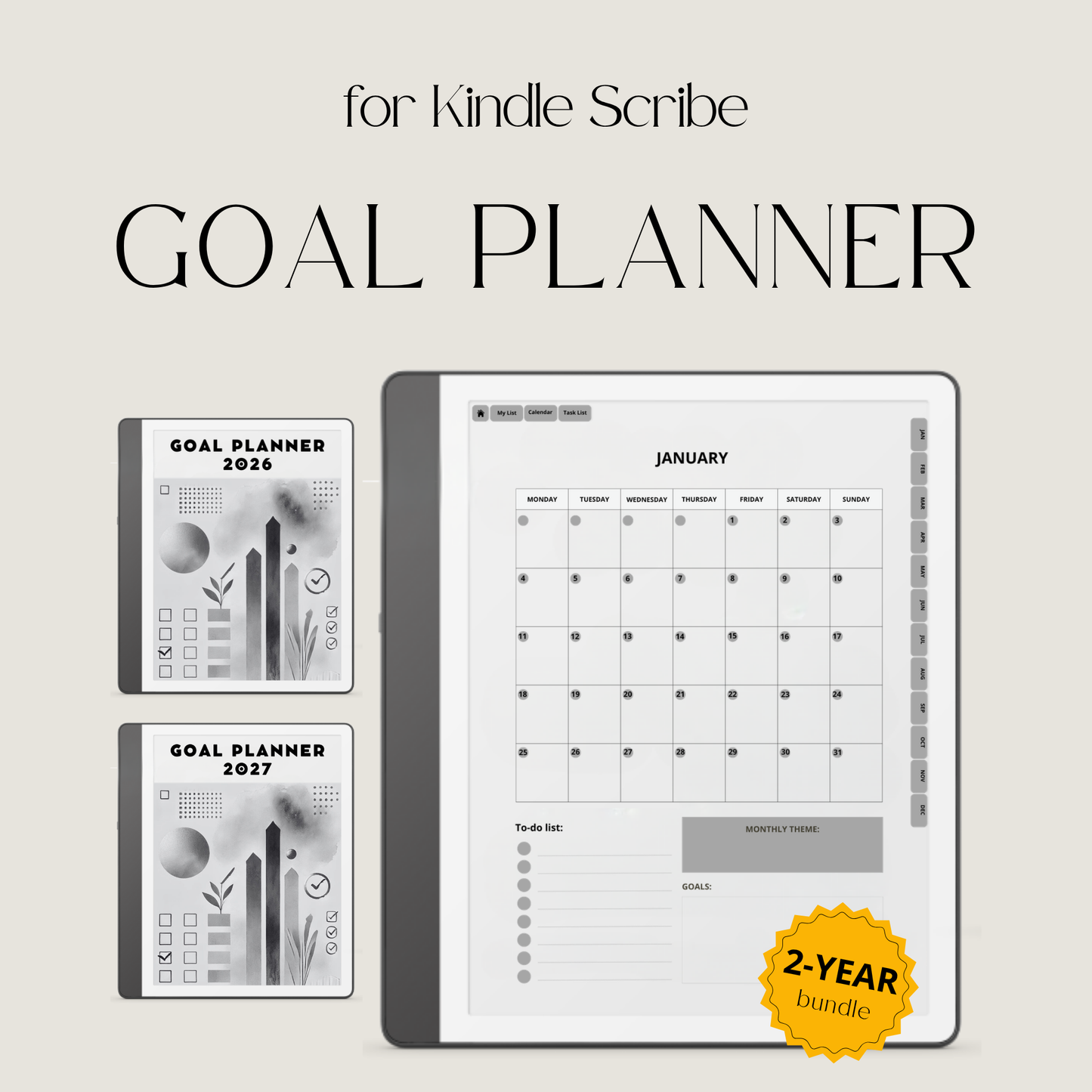 2026 + 2027 Goal Planner for Kindle Scribe with yearly goals, monthly planning, habit trackers, and hyperlinked pages in a minimalist black-and-white design.