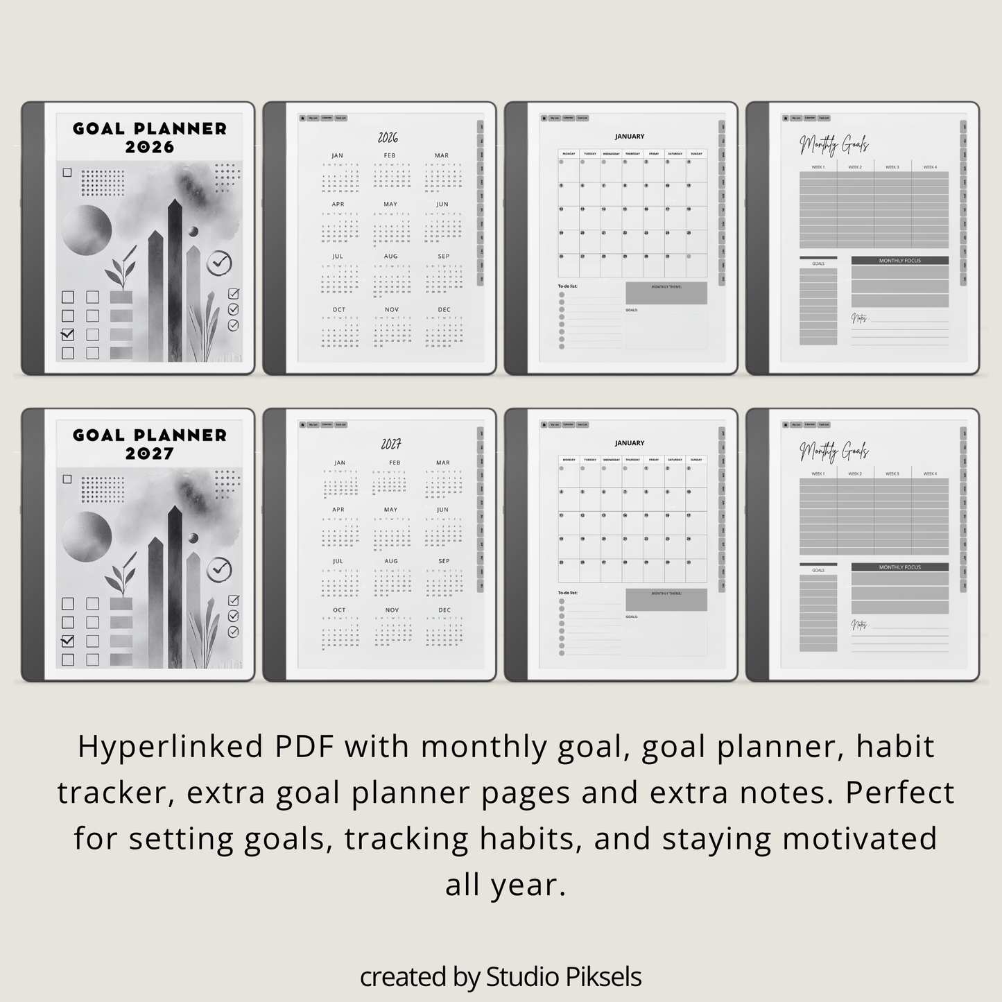 2026 + 2027 Goal Planner for Kindle Scribe with yearly goals, monthly planning, habit trackers, and hyperlinked pages in a minimalist black-and-white design.