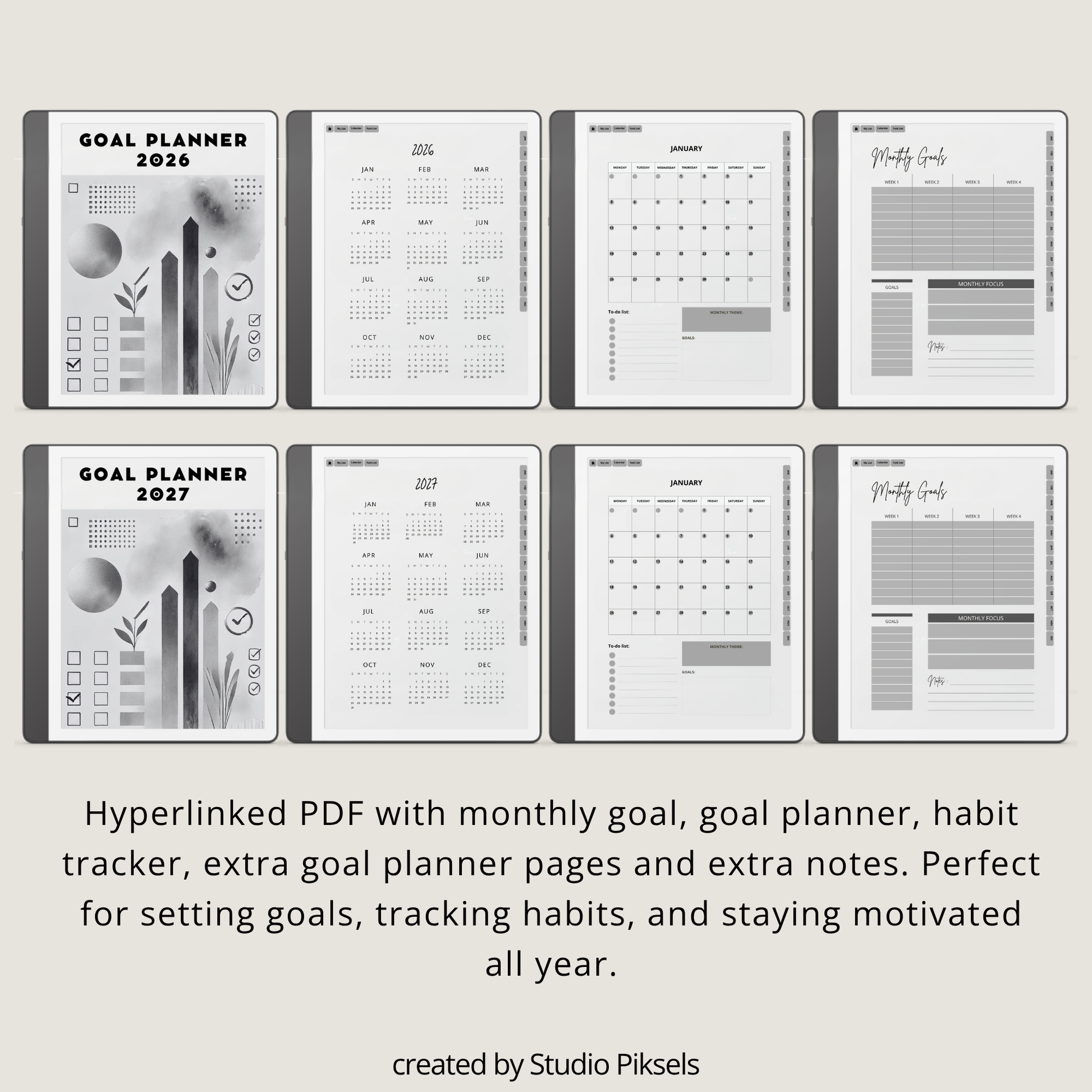 2026 + 2027 Goal Planner for Kindle Scribe with yearly goals, monthly planning, habit trackers, and hyperlinked pages in a minimalist black-and-white design.