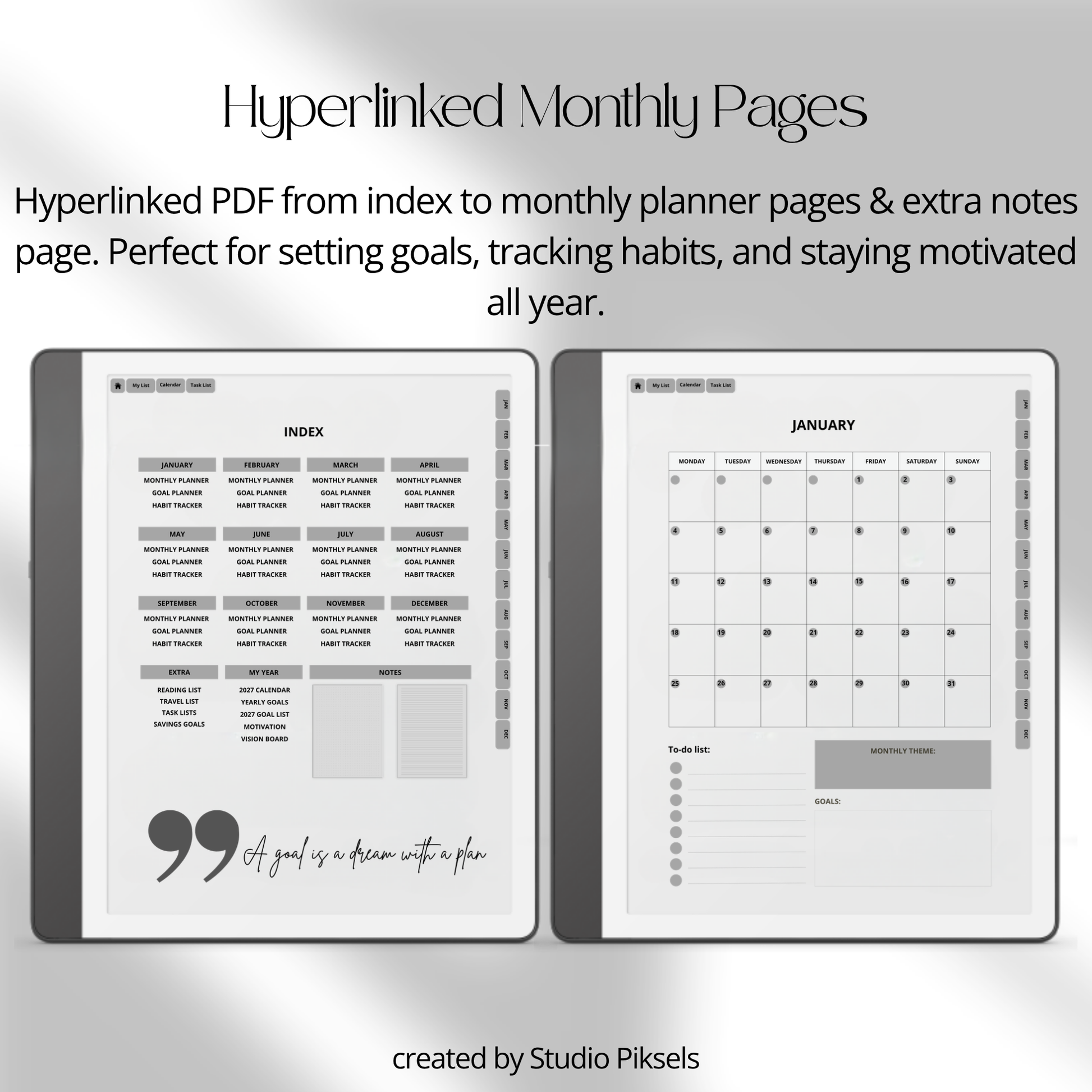 2026 + 2027 Goal Planner for Kindle Scribe with yearly goals, monthly planning, habit trackers, and hyperlinked pages in a minimalist black-and-white design.