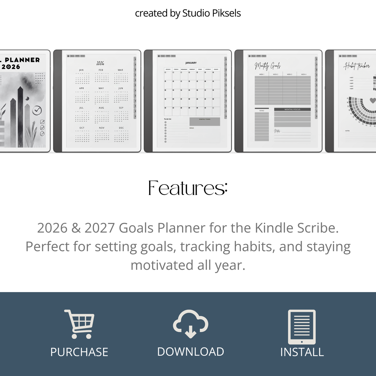 2026 + 2027 Goal Planner for Kindle Scribe with yearly goals, monthly planning, habit trackers, and hyperlinked pages in a minimalist black-and-white design.
