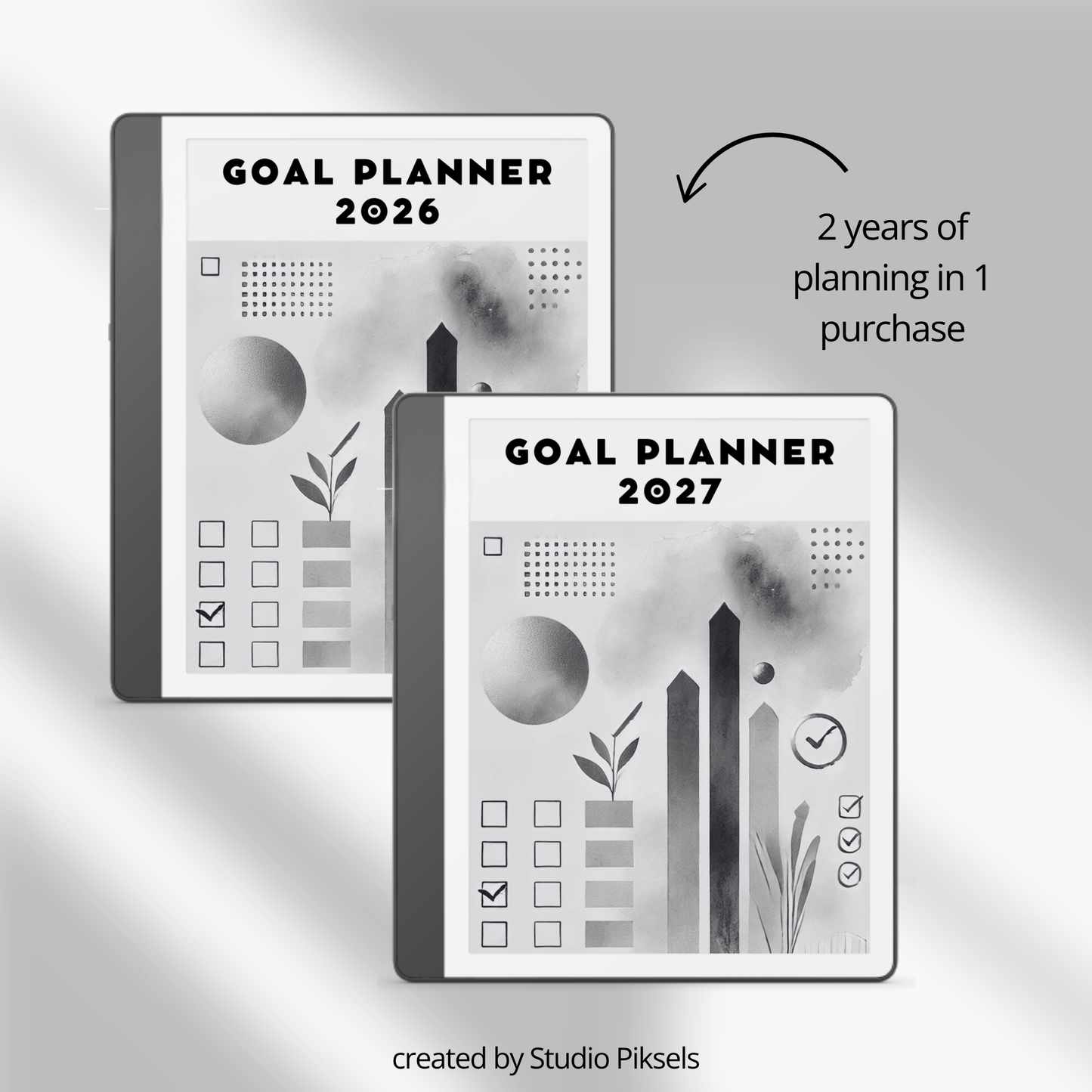 2026 + 2027 Goal Planner for Kindle Scribe with yearly goals, monthly planning, habit trackers, and hyperlinked pages in a minimalist black-and-white design.