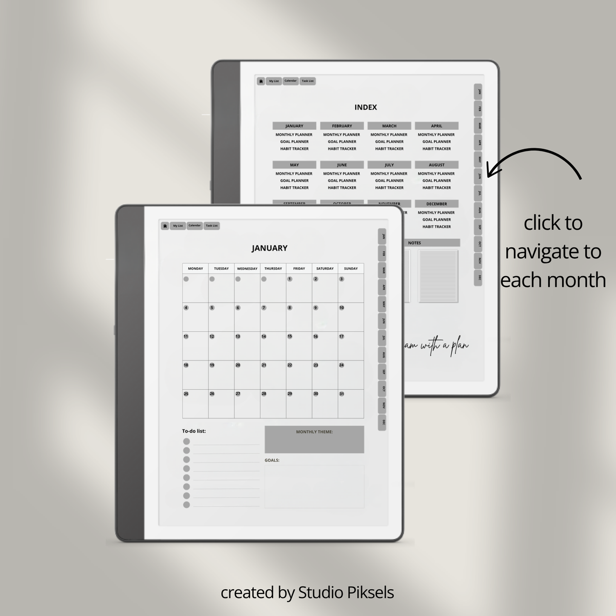 2026 + 2027 Goal Planner for Kindle Scribe with yearly goals, monthly planning, habit trackers, and hyperlinked pages in a minimalist black-and-white design.