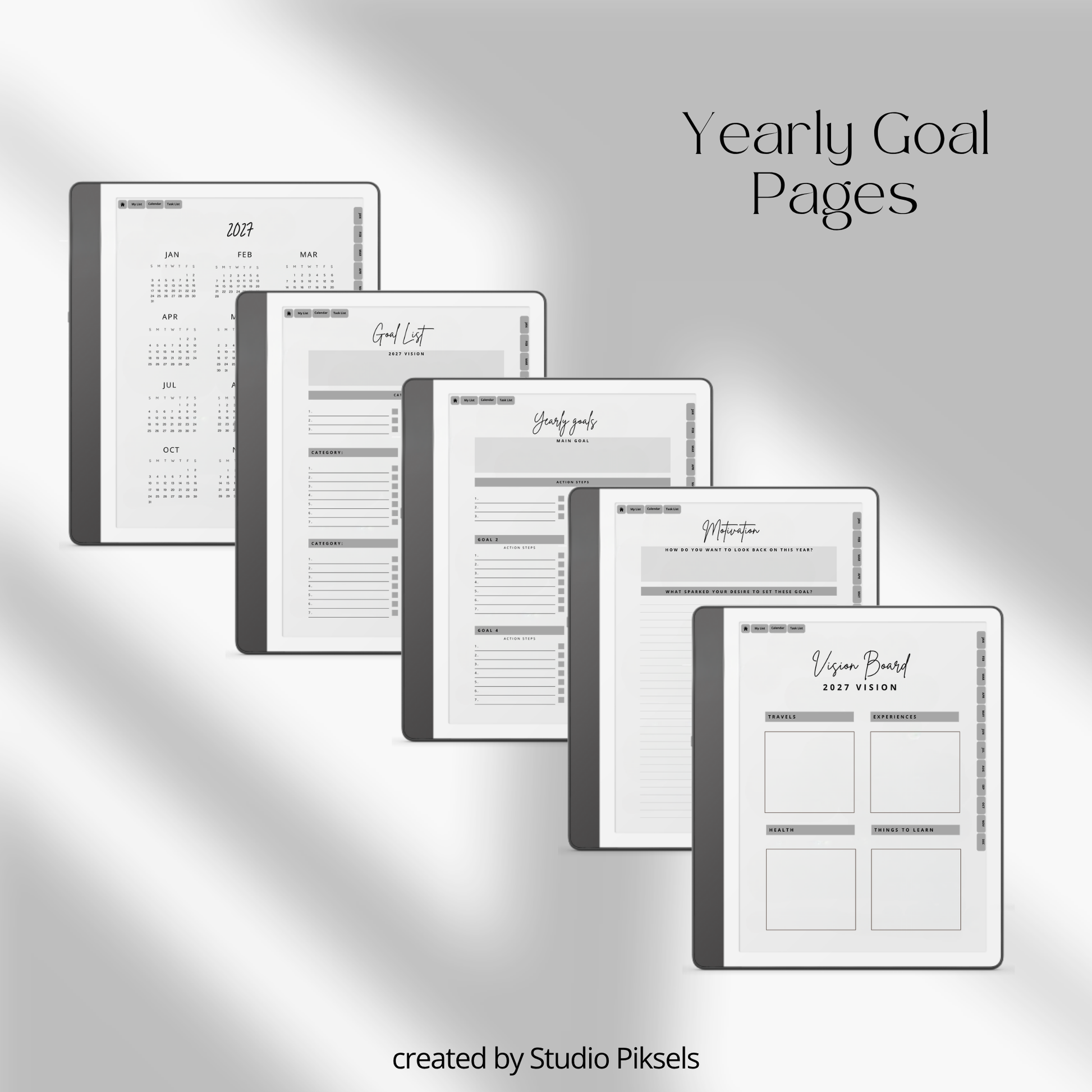 2026 + 2027 Goal Planner for Kindle Scribe with yearly goals, monthly planning, habit trackers, and hyperlinked pages in a minimalist black-and-white design.