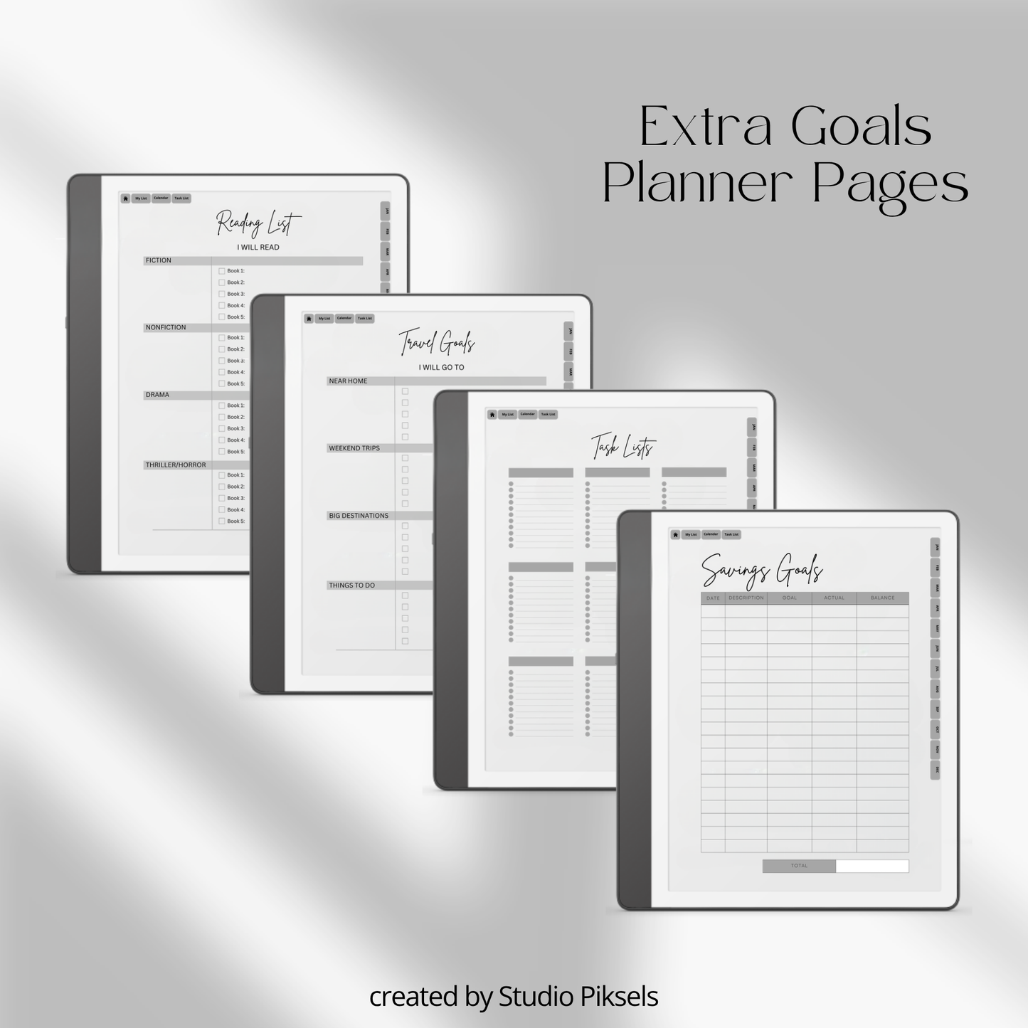 2026 + 2027 Goal Planner for Kindle Scribe with yearly goals, monthly planning, habit trackers, and hyperlinked pages in a minimalist black-and-white design.