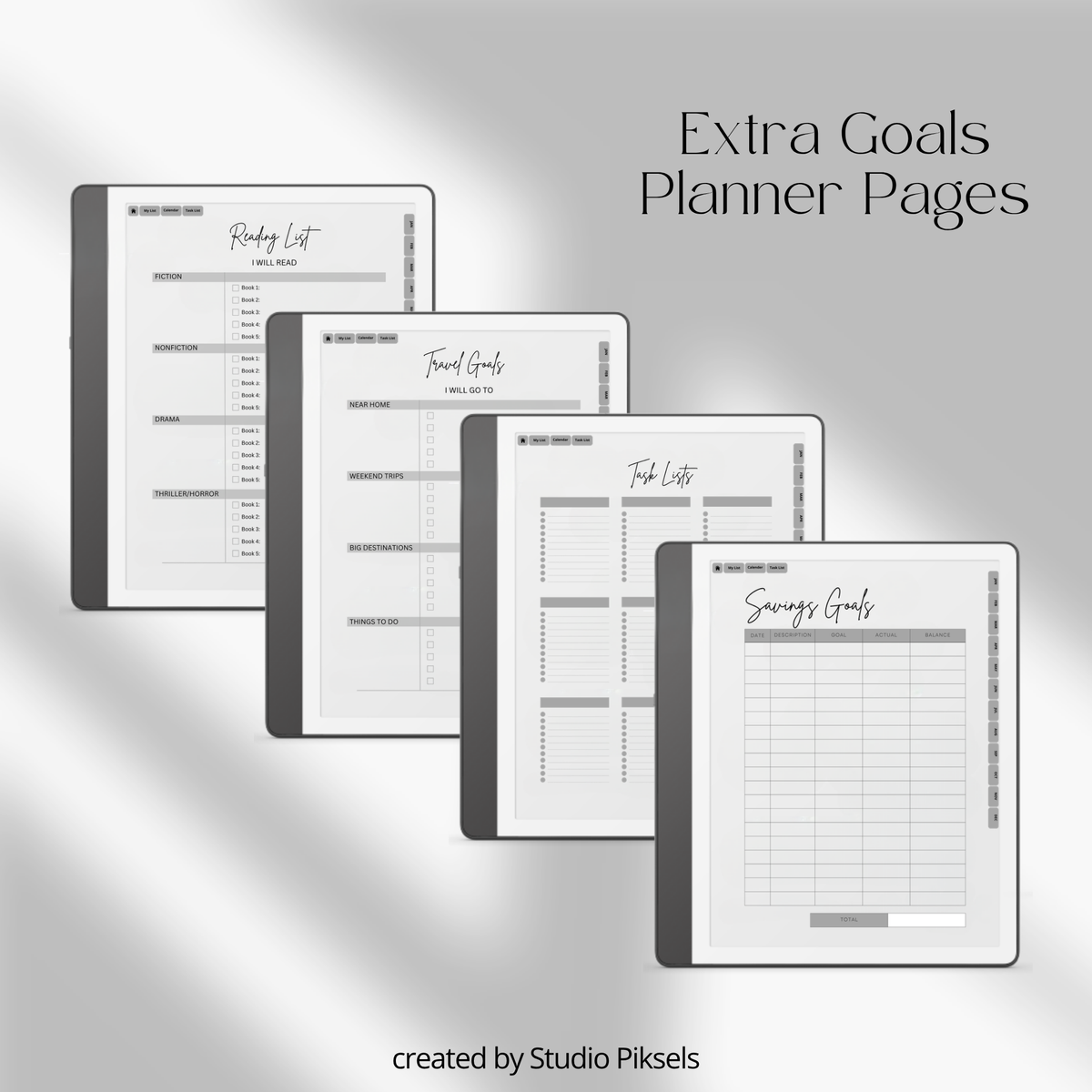 2026 + 2027 Goal Planner for Kindle Scribe with yearly goals, monthly planning, habit trackers, and hyperlinked pages in a minimalist black-and-white design.